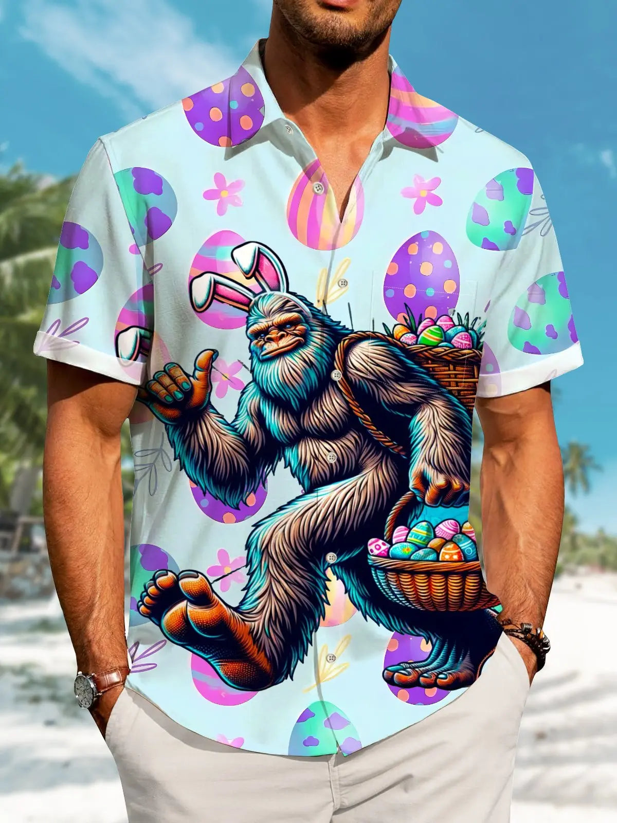 Creative Hawaii Easter Bigfoot Fun Hawaiian Shirt For Island Vacations, Resort Wear, And Relaxed Seasonal Style