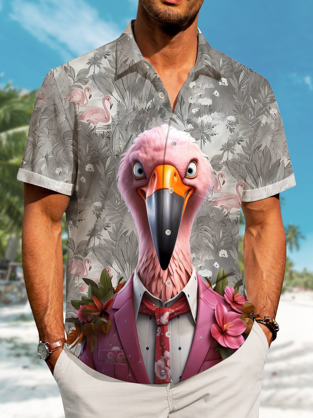Creative Hawaii Gentleman Flamingo Hawaiian Shirt For Resort Trips, Coastal Parties, And Warm Weather Style