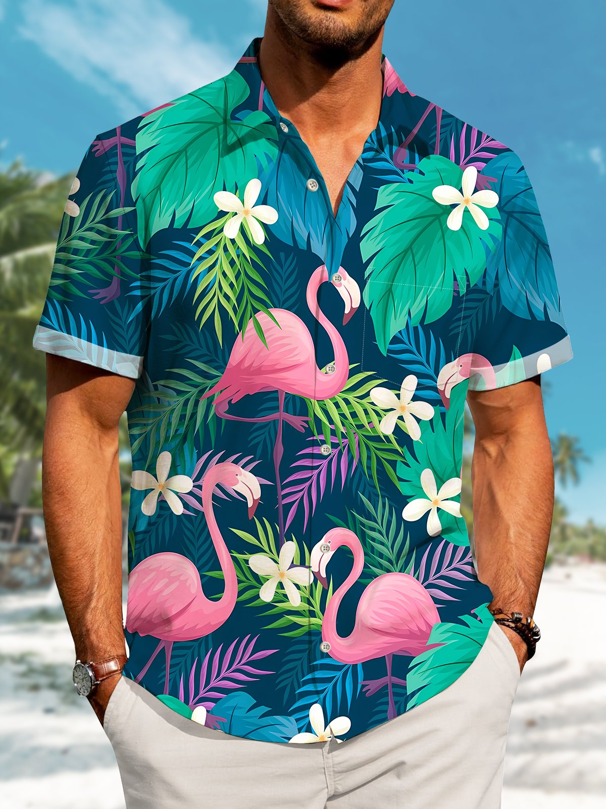 Creative Hawaii Plant Flamingo Elastic Hawaiian Shirt For Animal Lovers, Beach Travel, And Casual Summer Style
