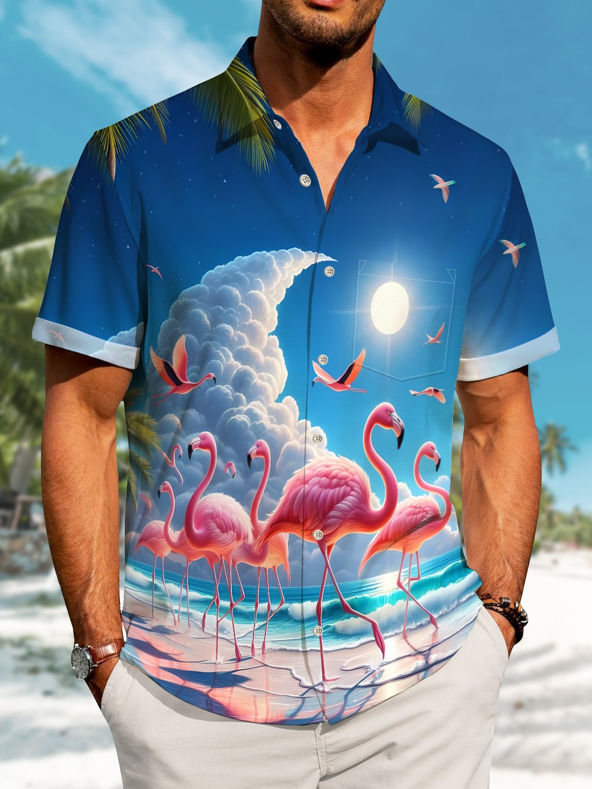 Creative Hawaii Resort Flamingo Clouds Hawaiian Shirt For Animal Lovers, Beach Travel, And Casual Summer Style
