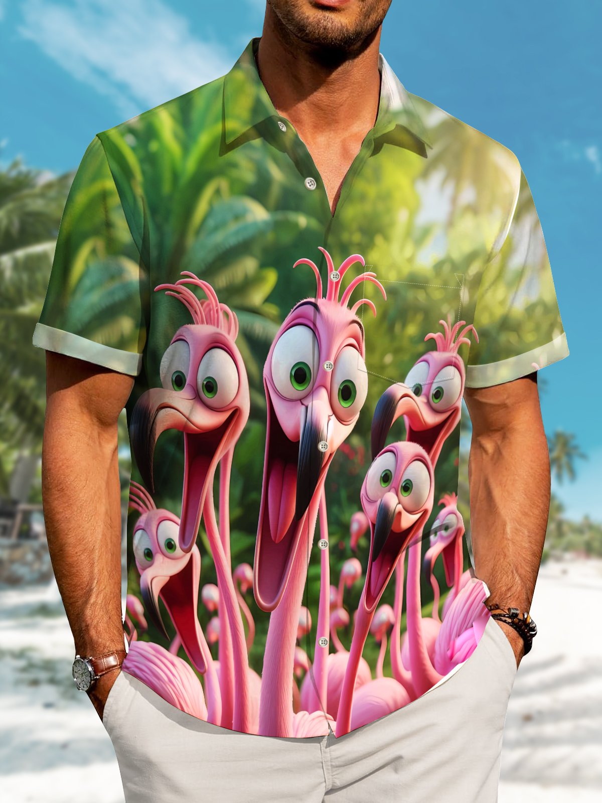 Creative Hawaii Resort Graffiti Flamingo Hawaiian Shirt For Nature Fans, Resort Trips, And Comfortable Warm Weather Wear