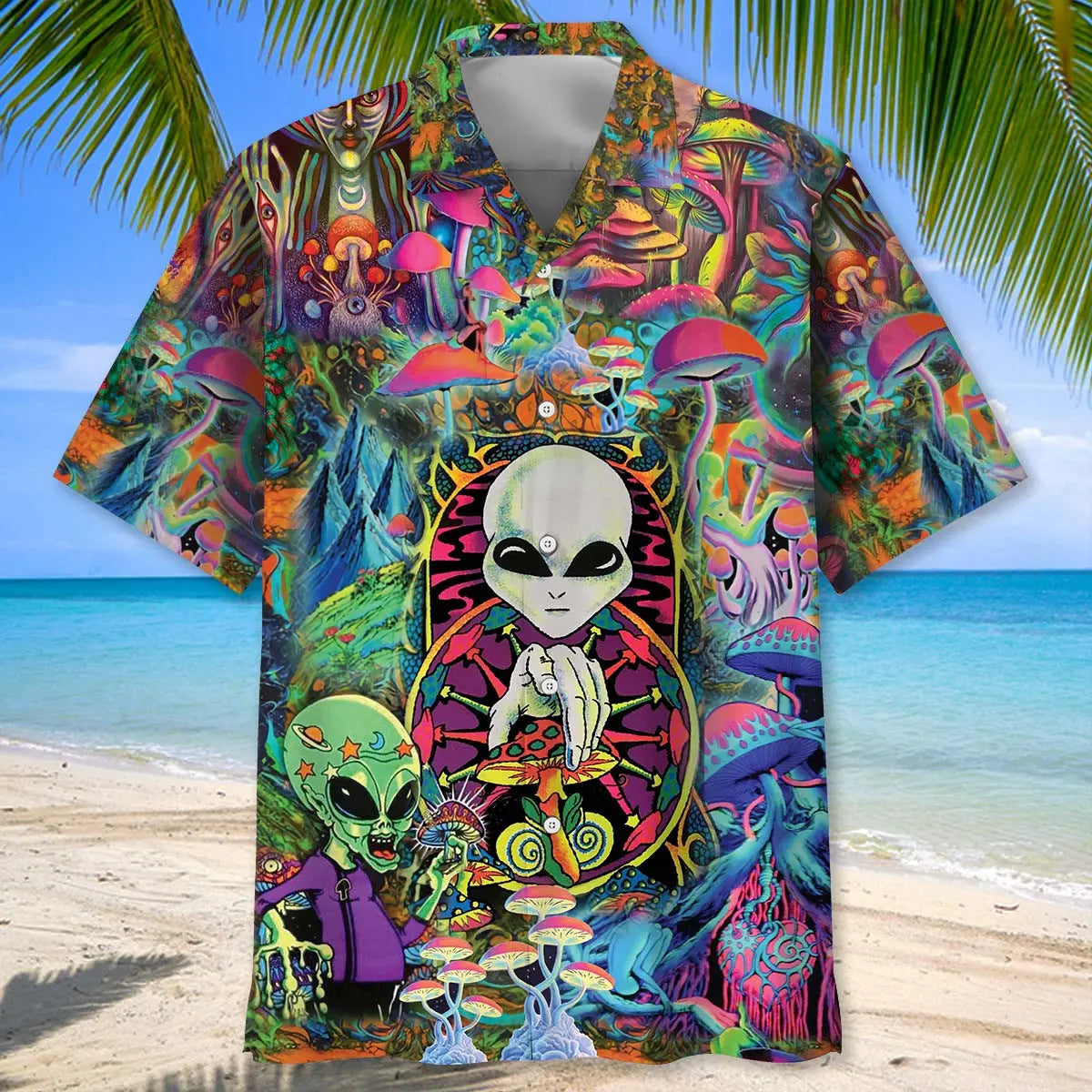 Hippie Alien Mushroom Hawaiian Shirt For Warm Weather Outing, Summer Road Trip, And Thoughtful Gifting