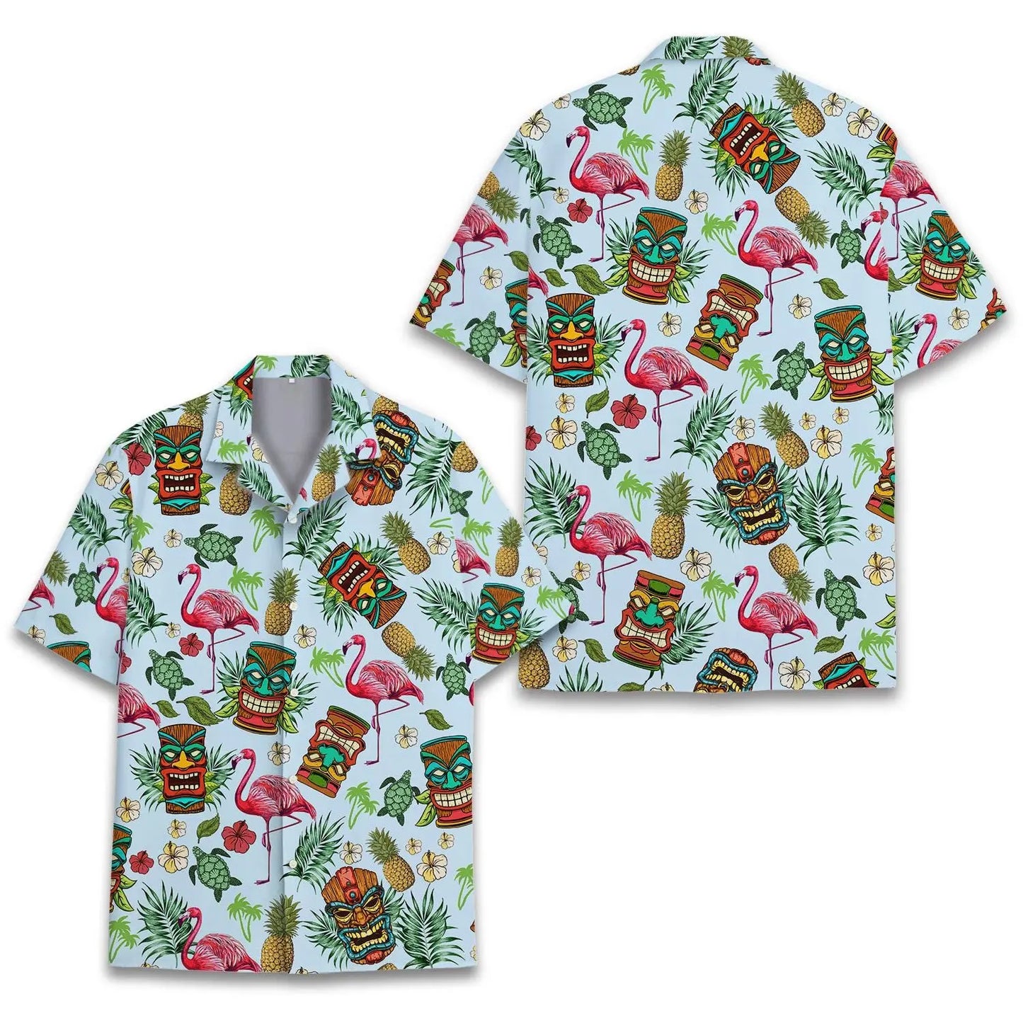 Tropical Island Tiki Flamingo Aloha Hawaiian Shirt For Creative Adventures, Beach Travel, And Bold Warm Weather Wear