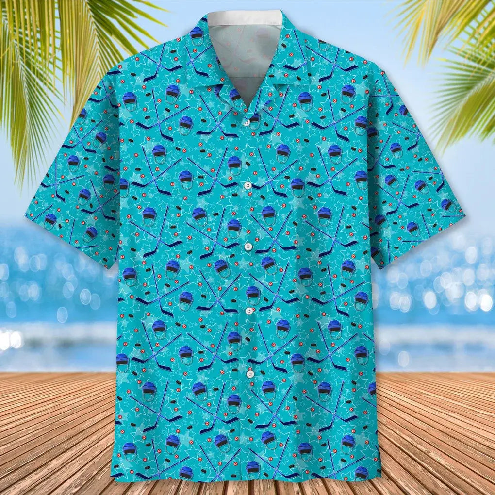 Hockey Blue Beach Hawaiian Shirt For Tropical Holidays, Resort Trips, And Relaxed Coastal Style