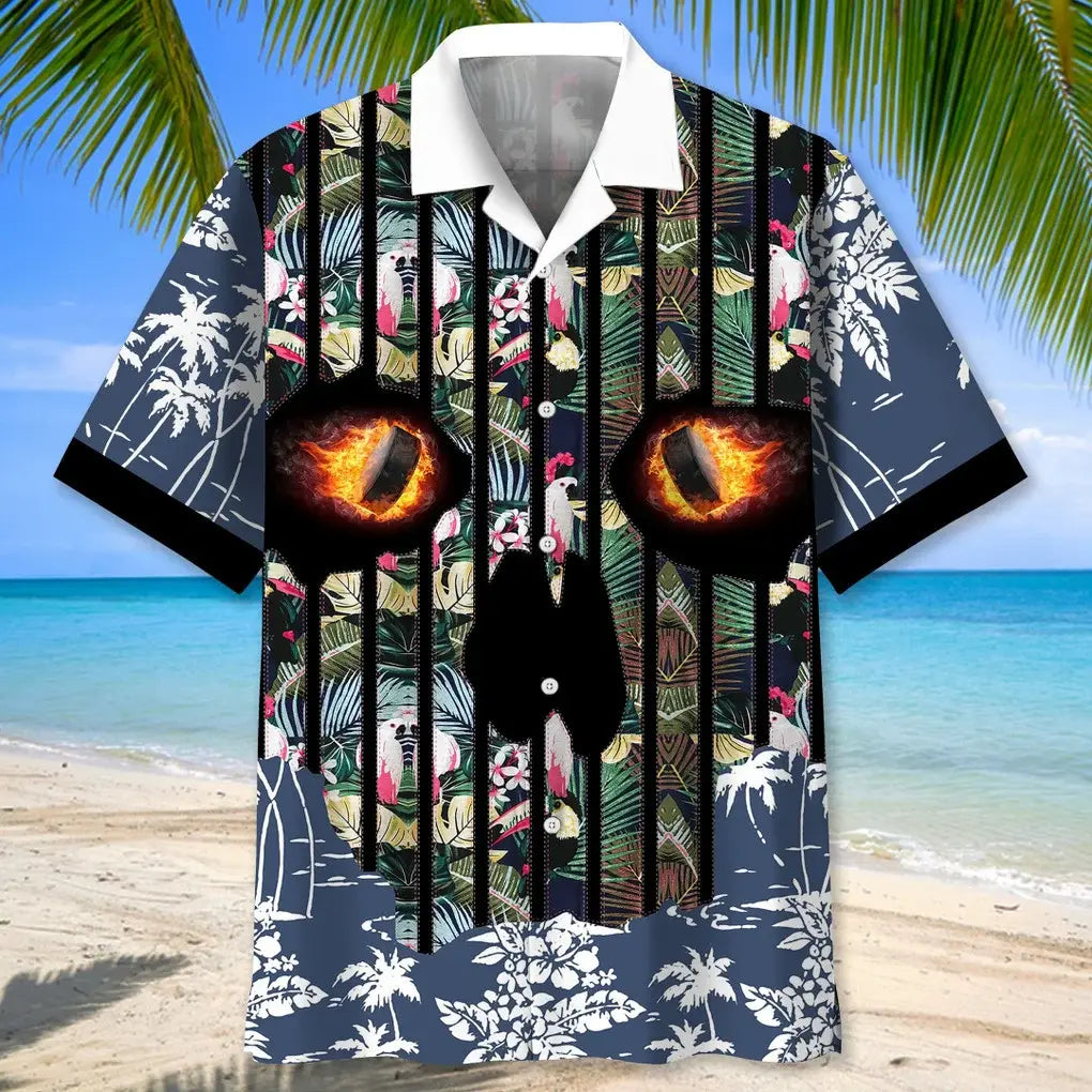 Floral Hockey Skull Hawaiian Shirt For Coastal Travel, Casual Events, And Comfortable Summer Wear