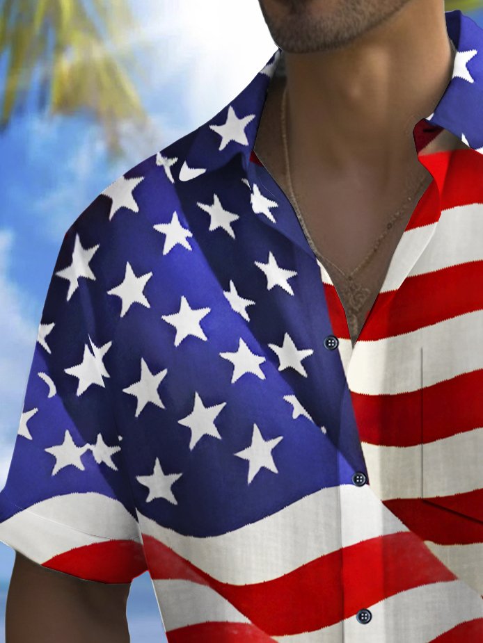 Holiday Men's Independence Day Flag Printed Casual Breathable Hawaiian Shirt Big Tall