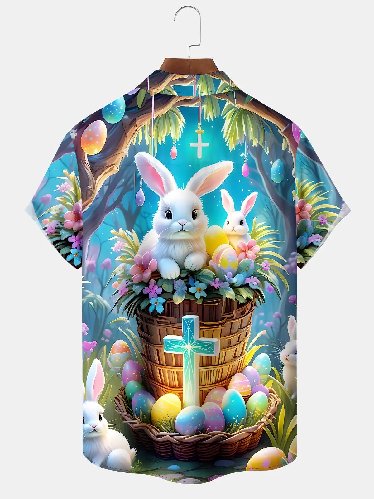 Vintage Holiday Easter Egg Bunny Cross Cartoon Hawaiian Shirt For Beach Days, Summer Outings, And Thoughtful Gift Giving