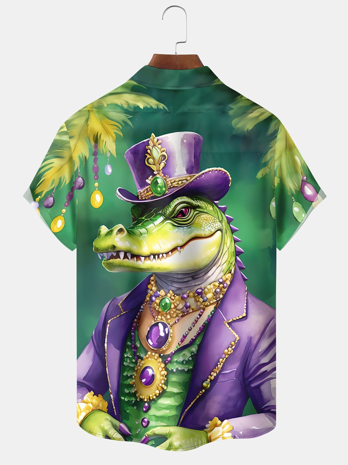 Vintage Holiday Mardi Gras Crocodile Coconut Tree Hawaiian Shirt For Summer Vacation, Beach Travel, And Casual Wear