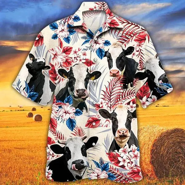 American Vintage Holstein Friesian Cattle Flag Cow Hawaiian Shirt For Summer Vacation, Beach Travel, And Casual Wear