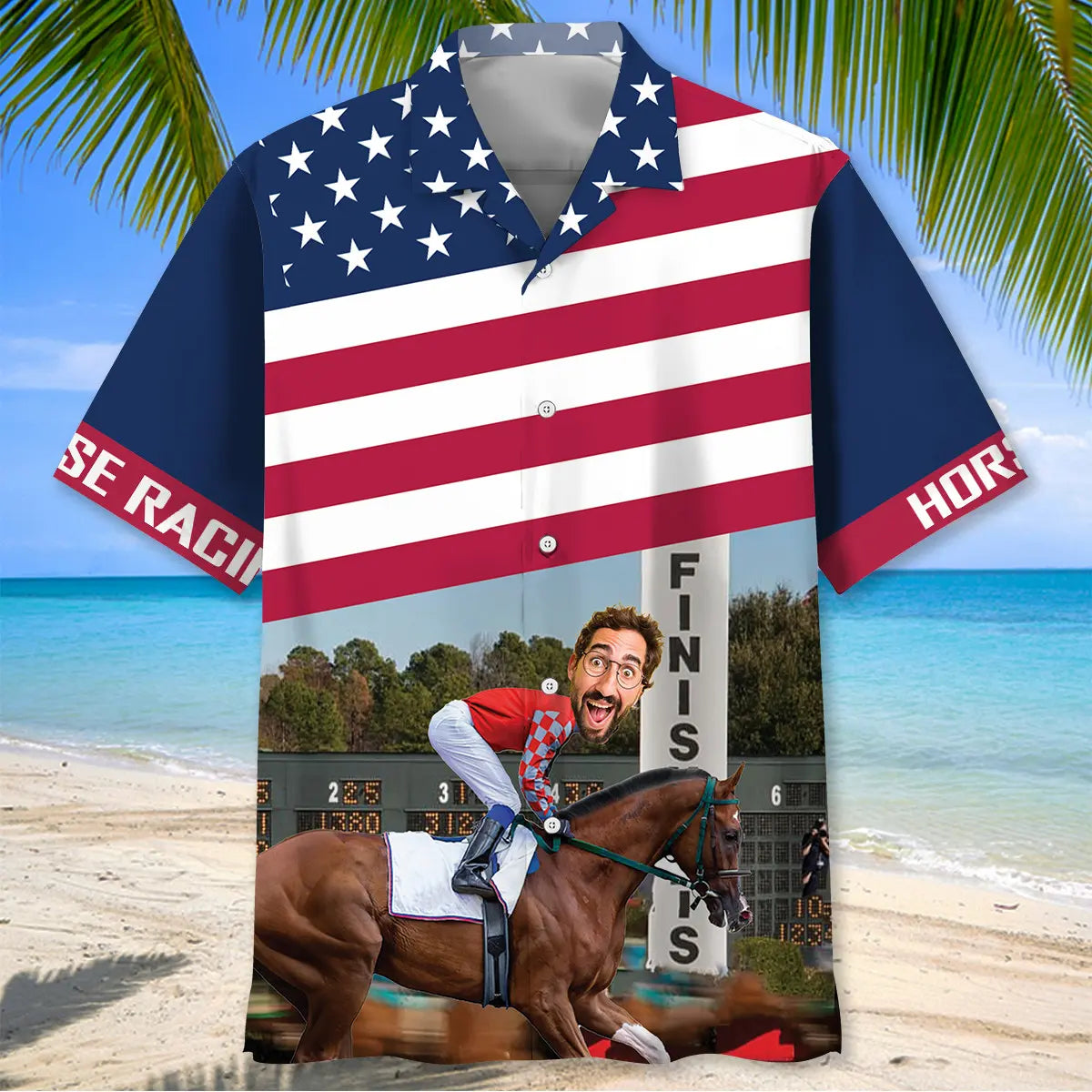 Horse Racing Alone Finish Personalized Photo Face Hawaiian Shirt For Summer Vacation, Beach Travel, And Casual Wear