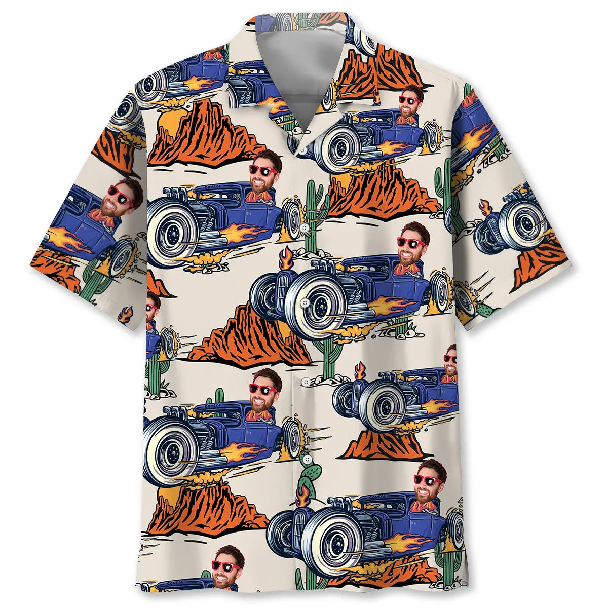 Hot Rod Racing Desert Personalized Photo Hawaiian Shirt For Coastal Travel, Casual Events, And Comfortable Summer Wear