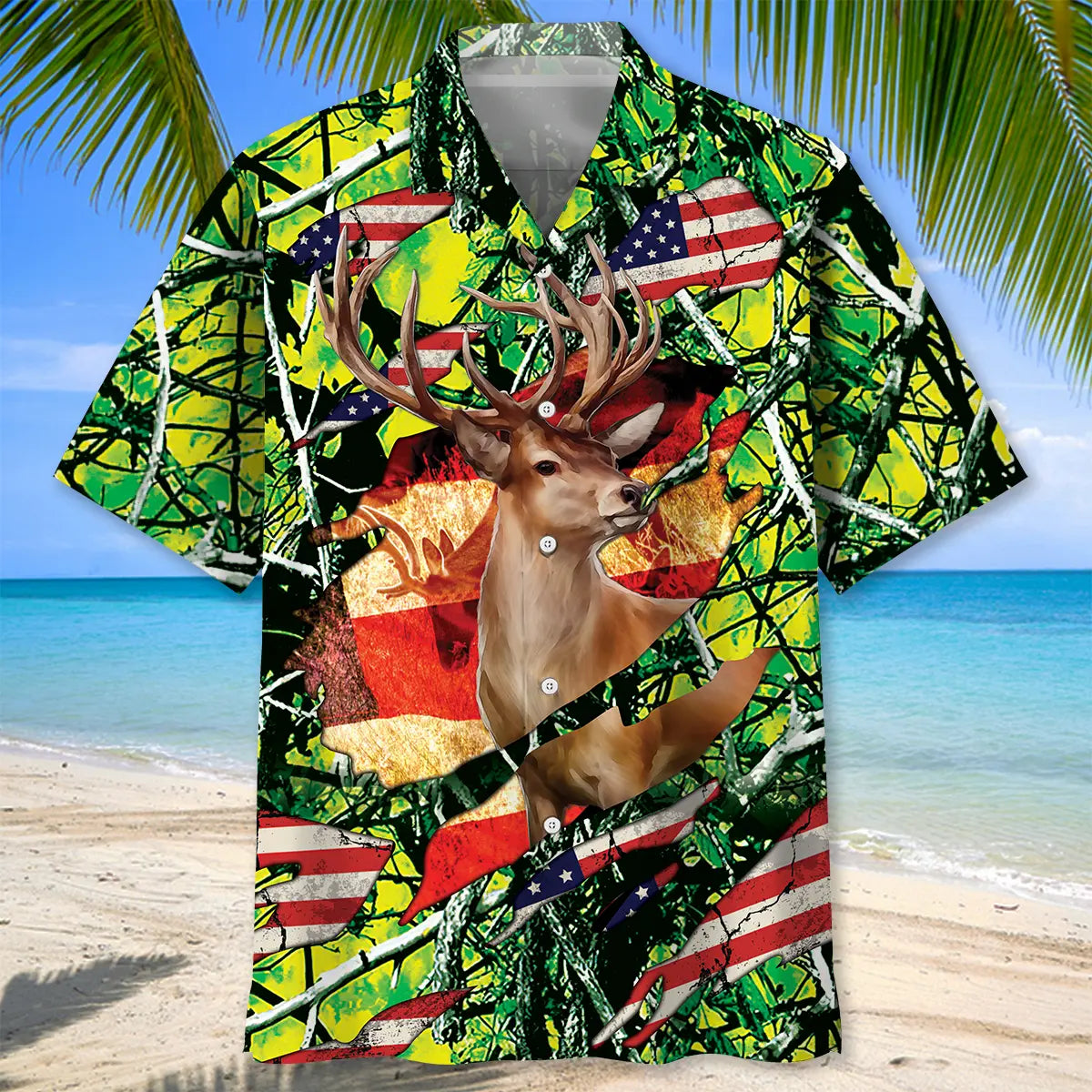 American Hunting Hawaiian Shirt For Island Vacations, Resort Wear, And Relaxed Seasonal Style