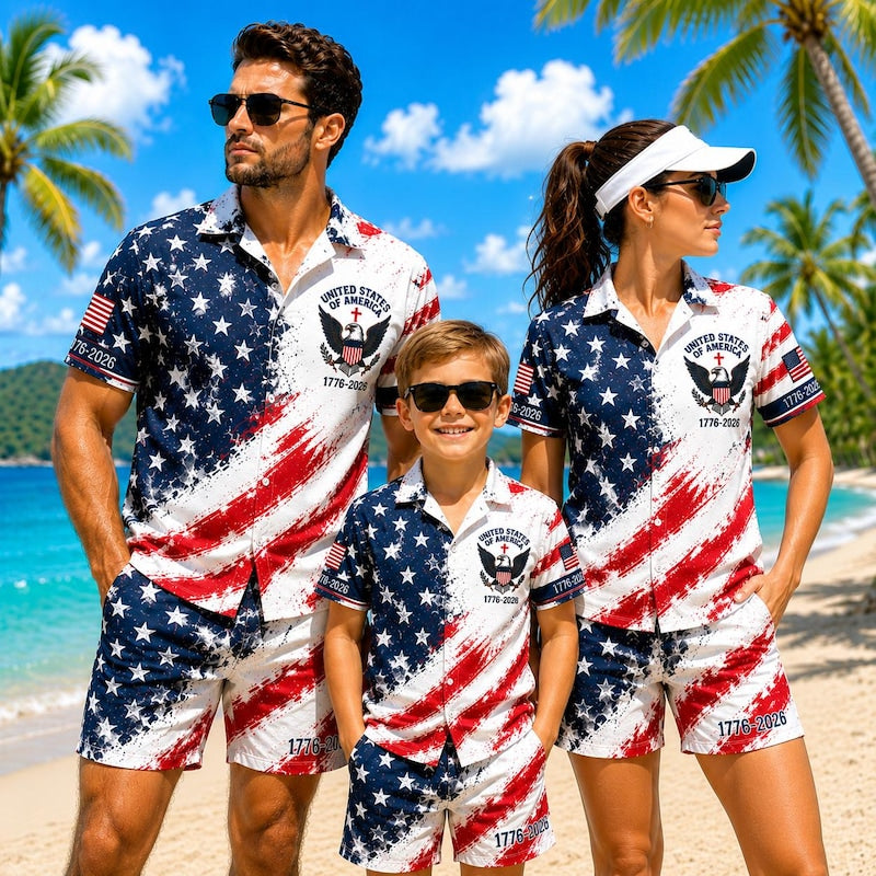 American Independence 250th Anniversary Set Hawaiian Shirt For Summer Gathering, Outdoor Event, And Seasonal Wardrobe