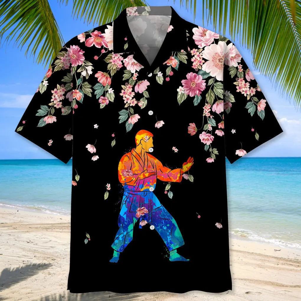 Floral Karate Watercolors Hawaiian Shirt For Island Vacations, Resort Wear, And Relaxed Seasonal Style