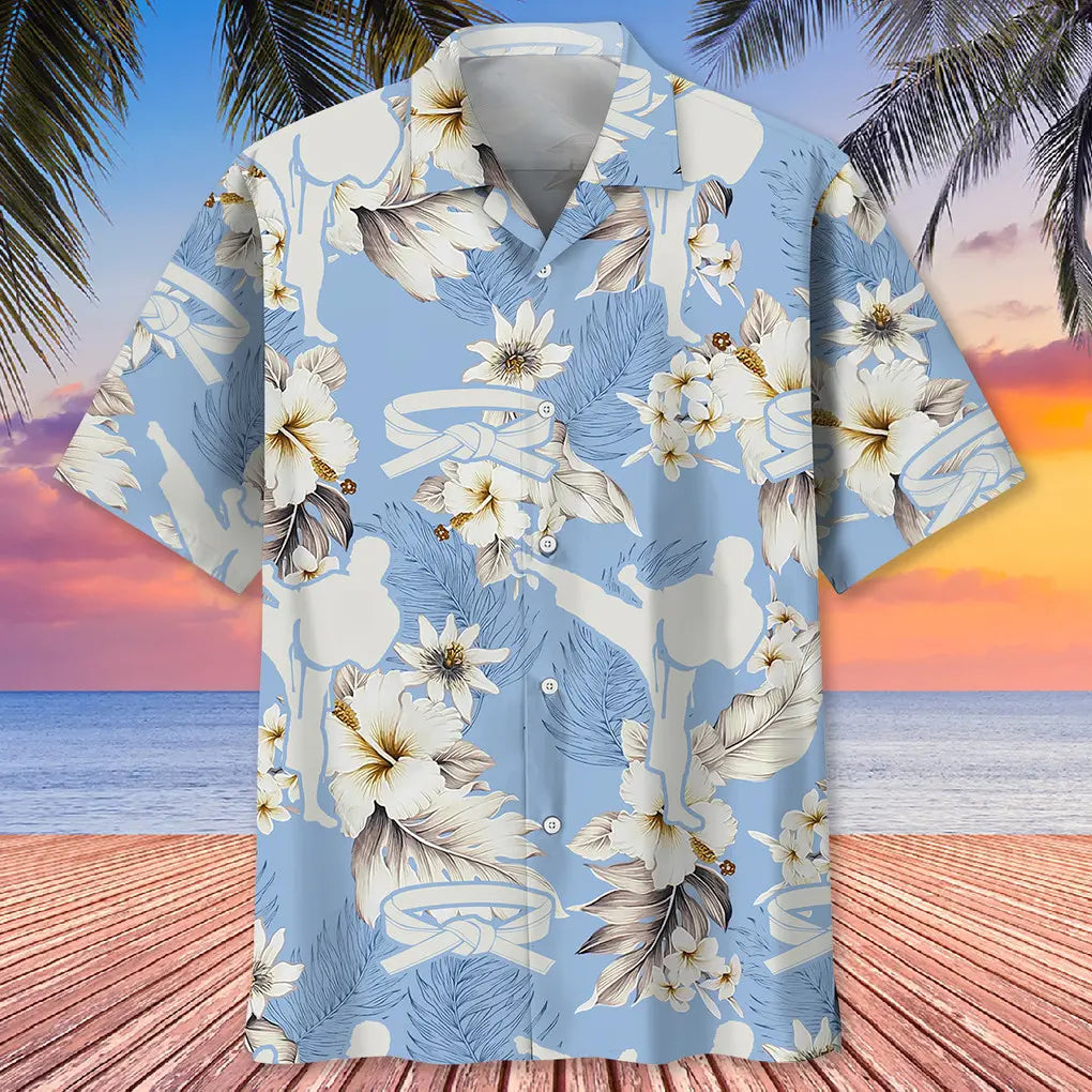 Floral Karate White Hawaiian Shirt For Coastal Travel, Casual Events, And Comfortable Summer Wear