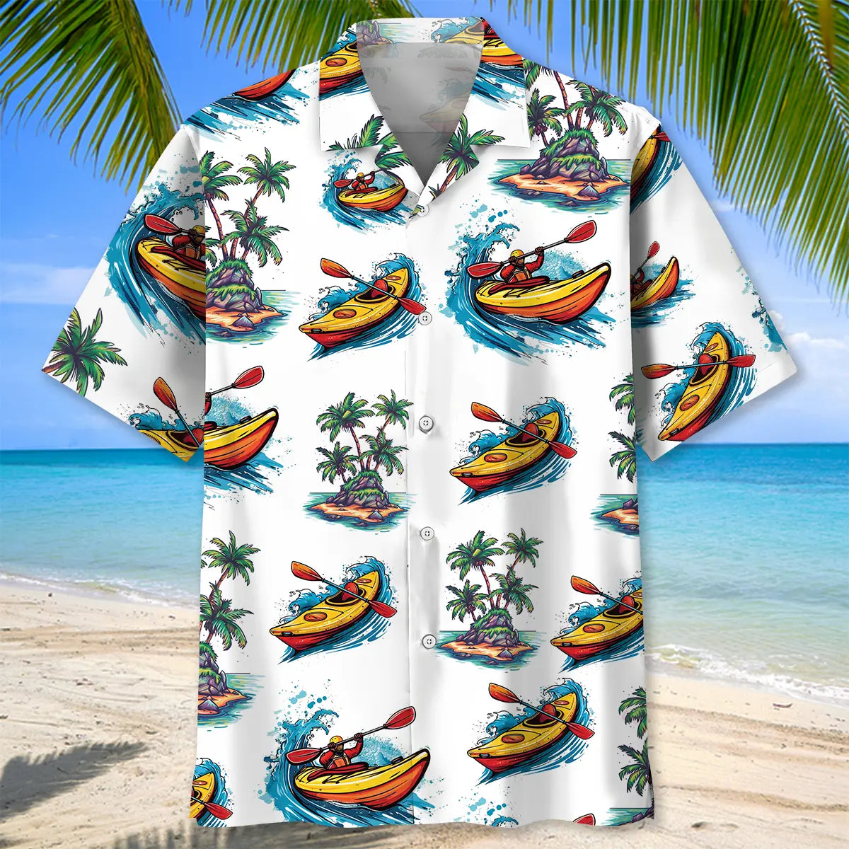 Tropical Kayaking Palm Tree Hawaiian Shirt For Island Vacations, Resort Wear, And Relaxed Seasonal Style