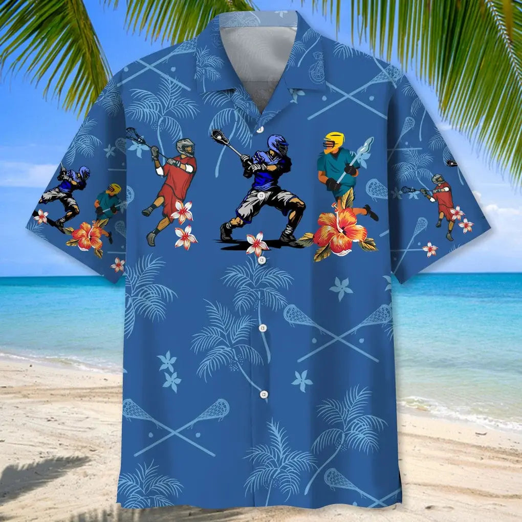 Floral Tropical Lacrosse Hawaiian Shirt For Summer Vacation, Beach Travel, And Casual Wear