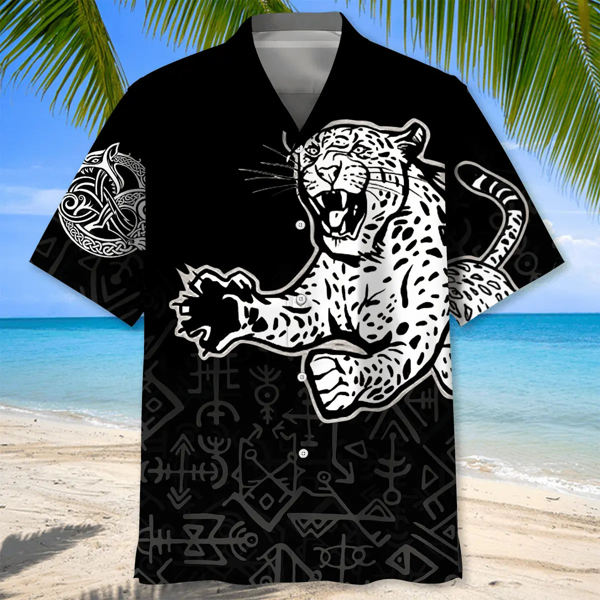 Leopard Tattoo Hawaiian Shirt For Summer Vacation, Beach Travel, And Casual Wear