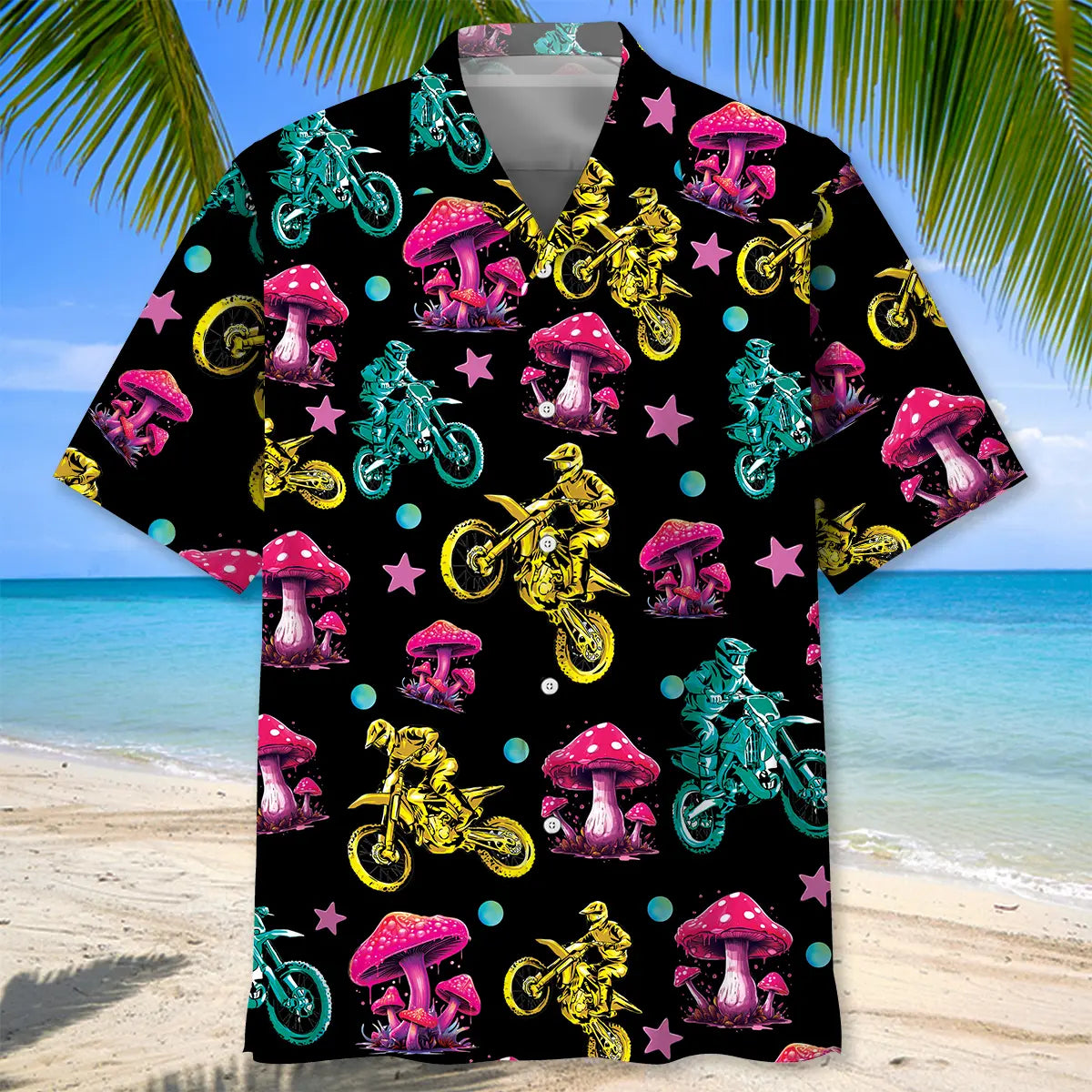 Fantasy Mushroom Dirt Bike Racing Hawaiian Shirt For Island Vacations, Resort Wear, And Relaxed Seasonal Style