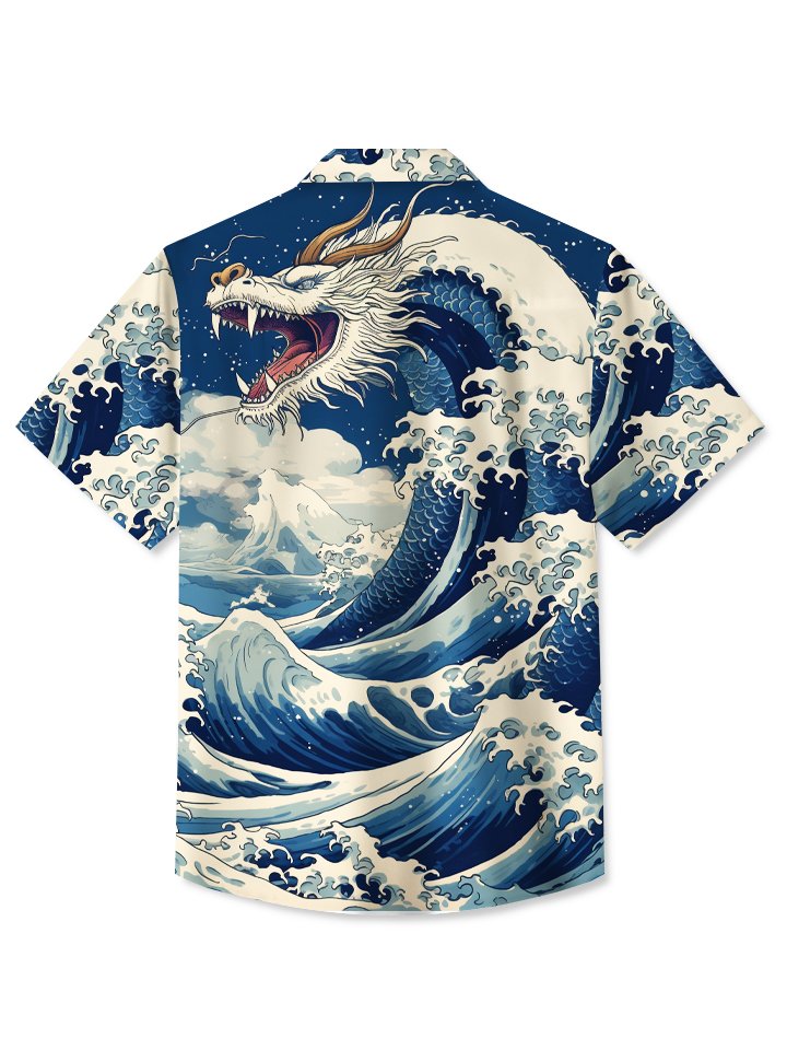 Vintage Japanese Ukiyoe Wave Dragon Hawaiian Shirt For Island Vacations, Resort Wear, And Relaxed Seasonal Style