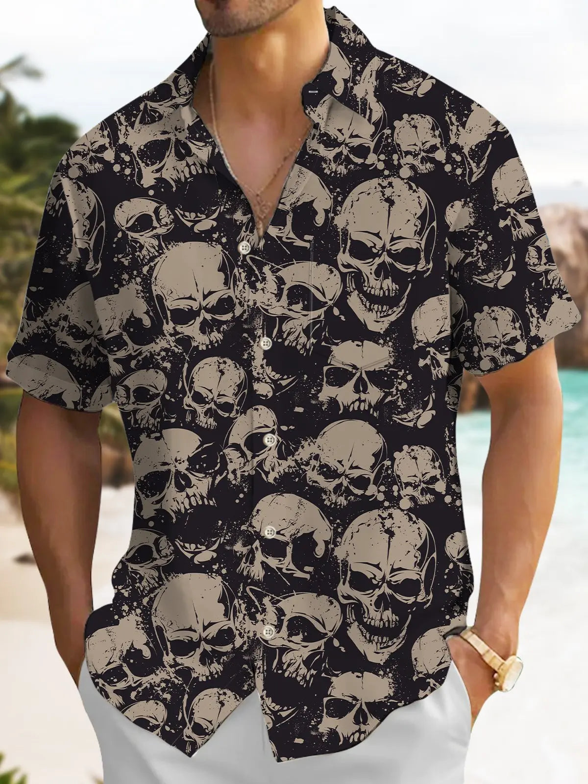 Vintage Skull Hawaiian Shirt For Tropical Holidays, Outdoor Gatherings, And Everyday Comfort