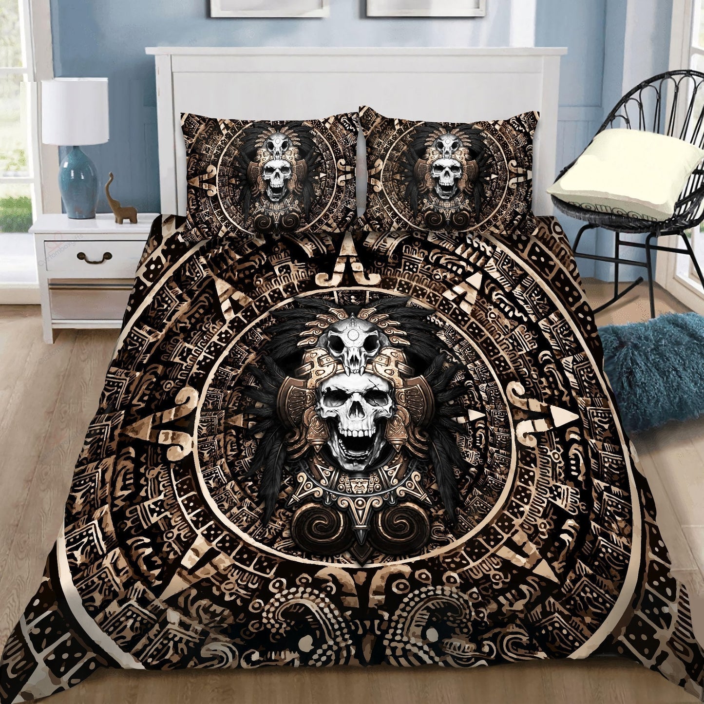 Mexican Aztec Skull Warrior Bedding Cover For Gothic Bedroom Decor