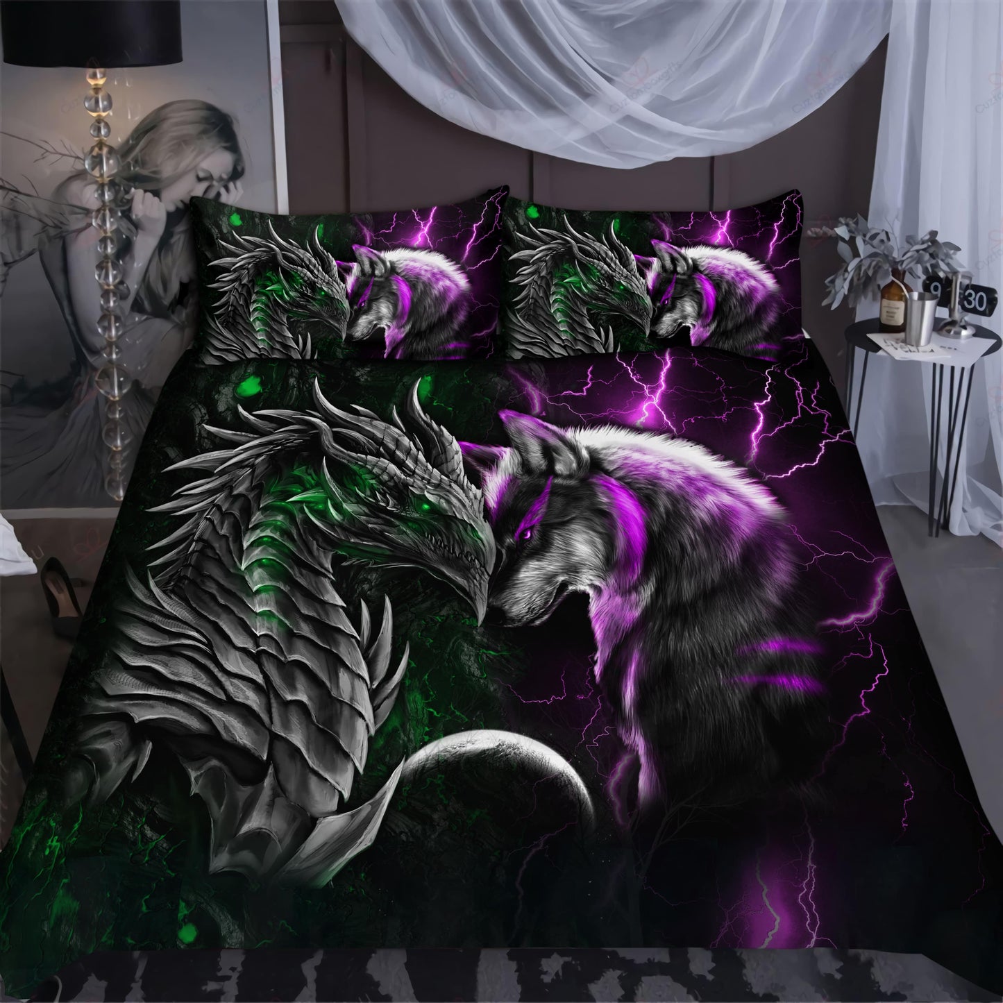 Green And Purple Dragon And Wolf Fantasy Bedding Cover For Fantasy Bedroom Decor