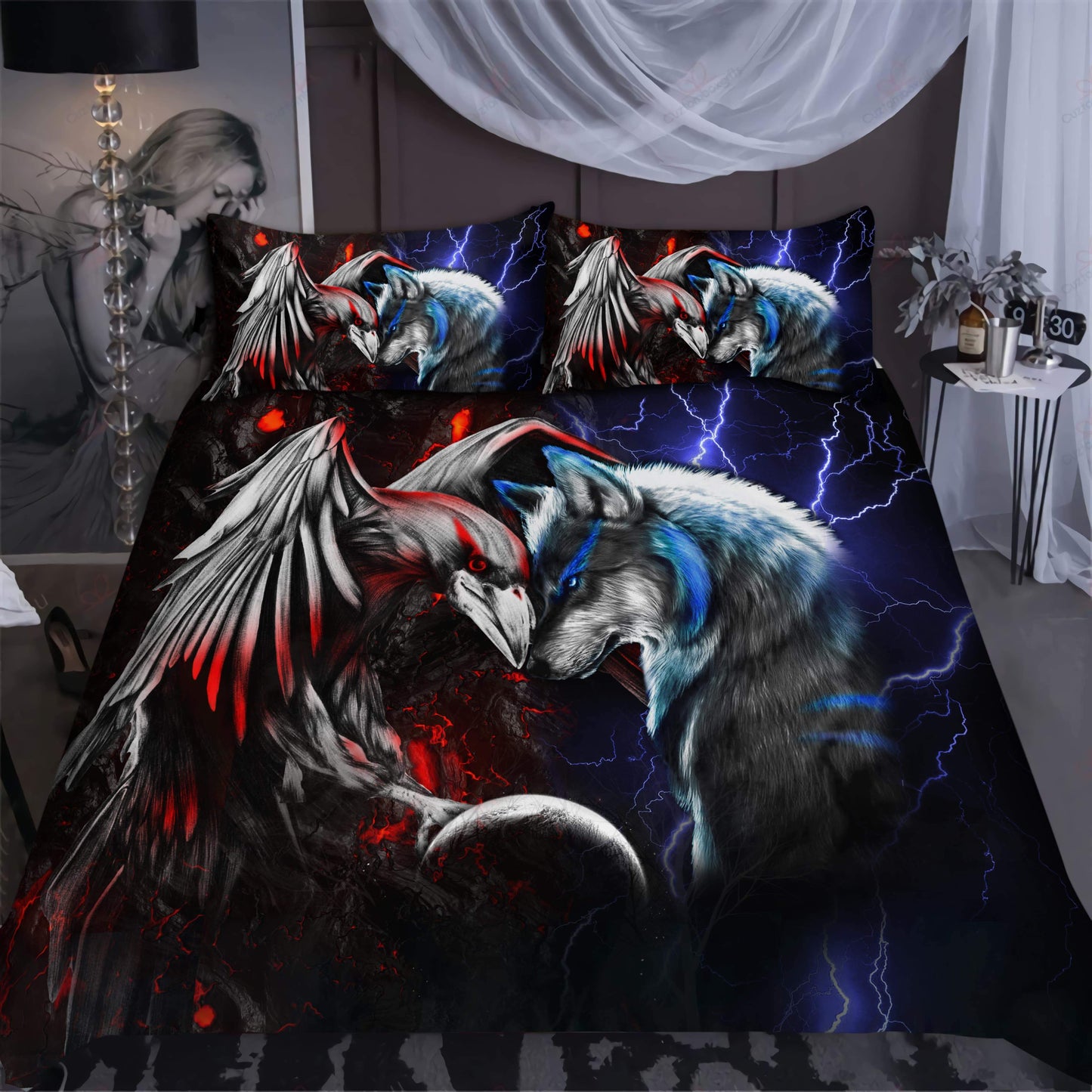 Wolf And Raven Combat Bedding Cover For Norse Bedroom Decor