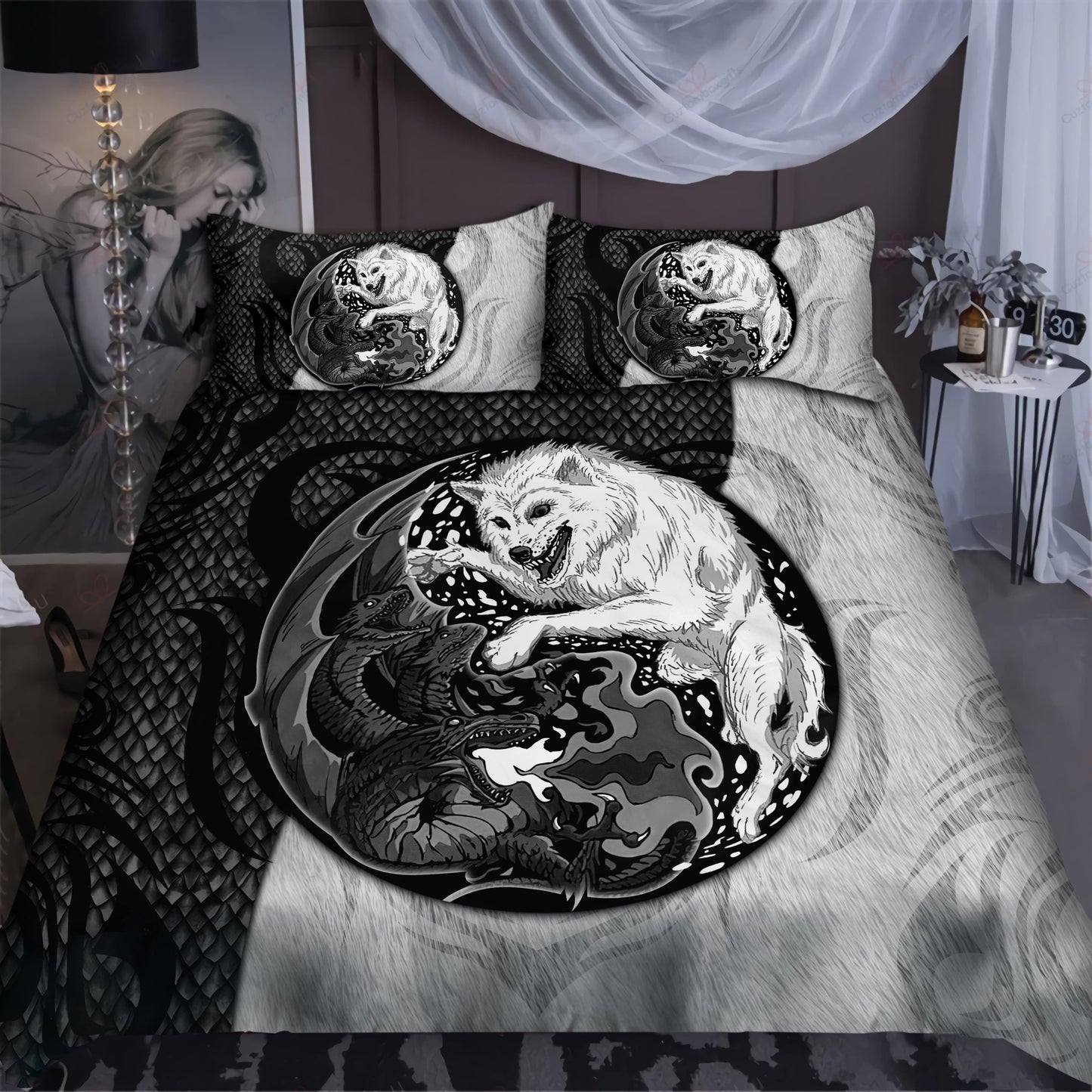 Black And White Dragon And Wolf Fantasy Bedding Cover For Fantasy Bedroom Decor