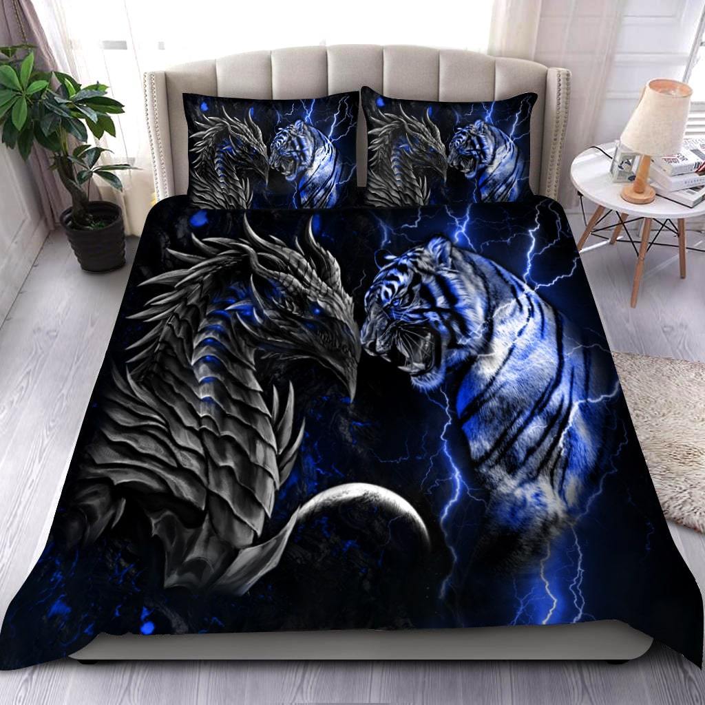 Blue Dragon And Tiger Battle Bedding Cover For Fantasy Bedroom Decor