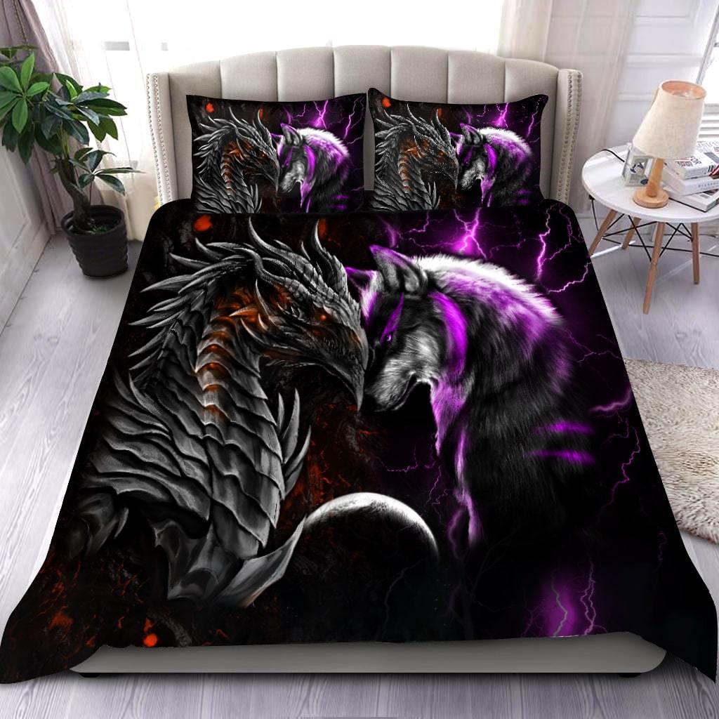 Orange And Purple Dragon And Wolf Fantasy Bedding Cover For Fantasy Bedroom Decor
