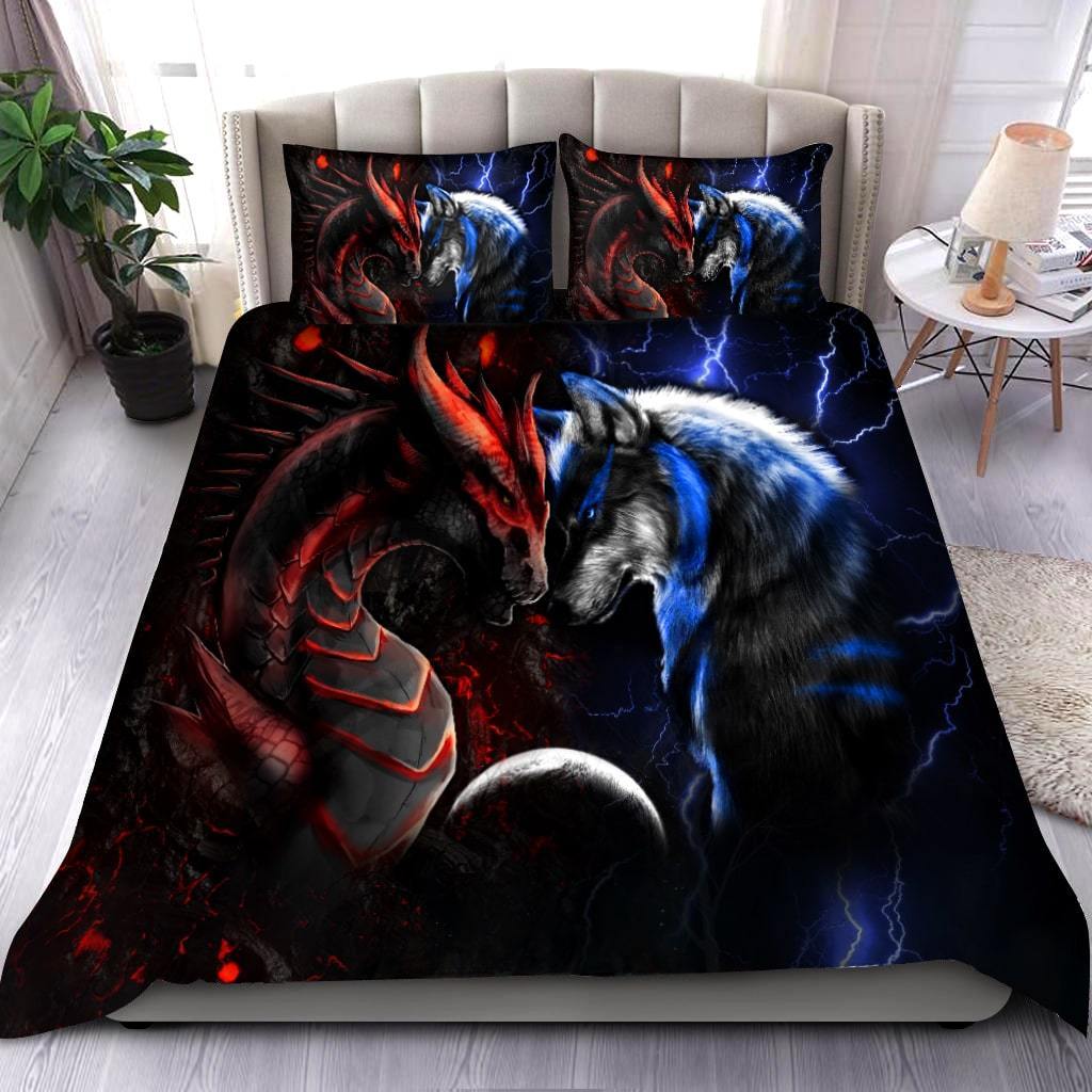Red And Blue Dragon And Wolf Fantasy Bedding Cover For Fantasy Bedroom Decor