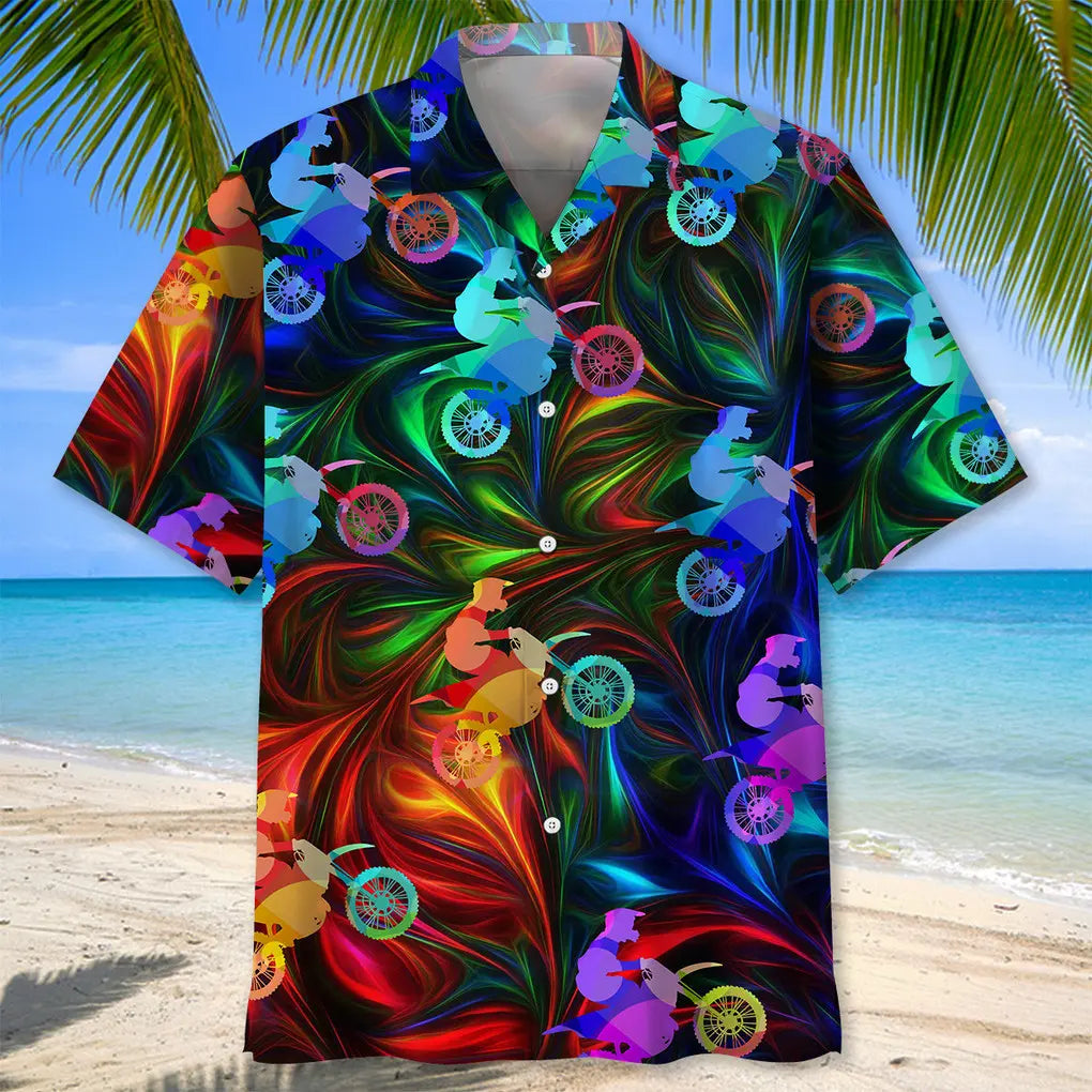 Colorful Motocross Hawaiian Shirt For Racing Fans, Summer Outings, And Relaxed Vacation Wear