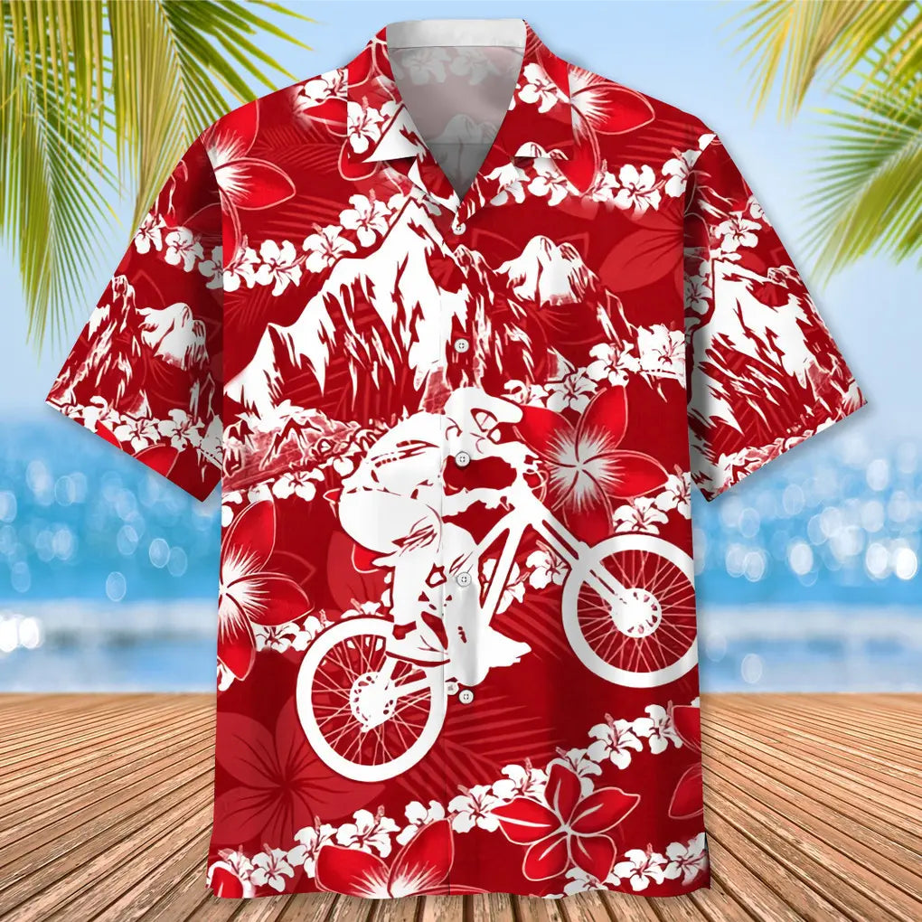 Mountain Bike Red Nature Hawaiian Shirt For Tropical Holidays, Outdoor Gatherings, And Everyday Comfort