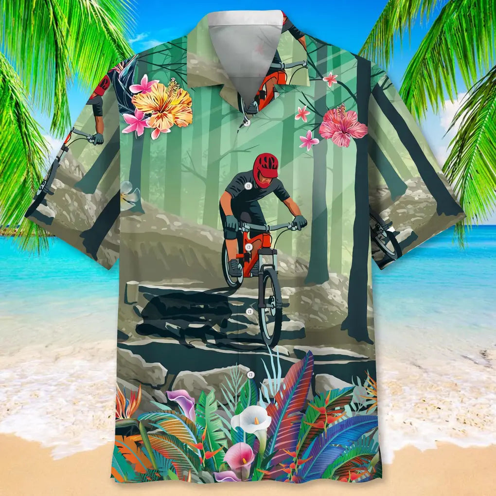 Tropical Mountain Bike Hawaiian Shirt For Island Vacations, Resort Wear, And Relaxed Seasonal Style