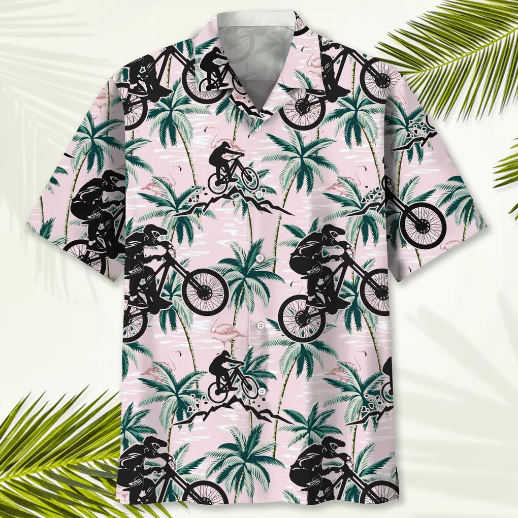 Tropical Mountain Bike Pink Hawaiian Shirt For Resort Trips, Coastal Parties, And Warm Weather Style