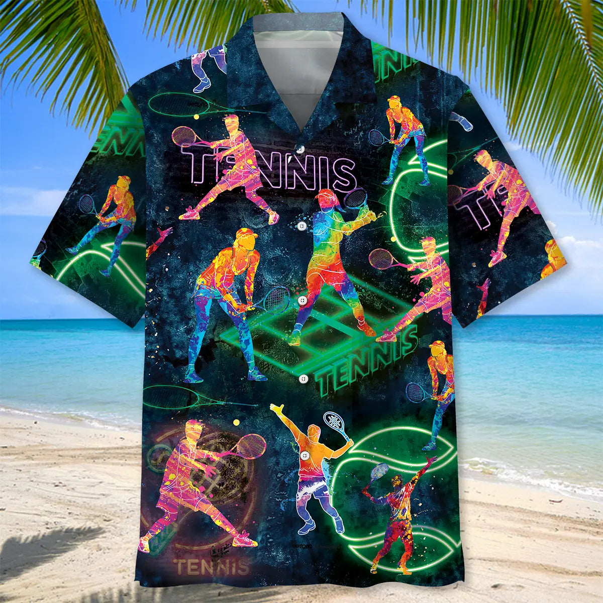 Neon Blue Tennis Hawaiian Shirt For Summer Vacation, Beach Travel, And Casual Wear