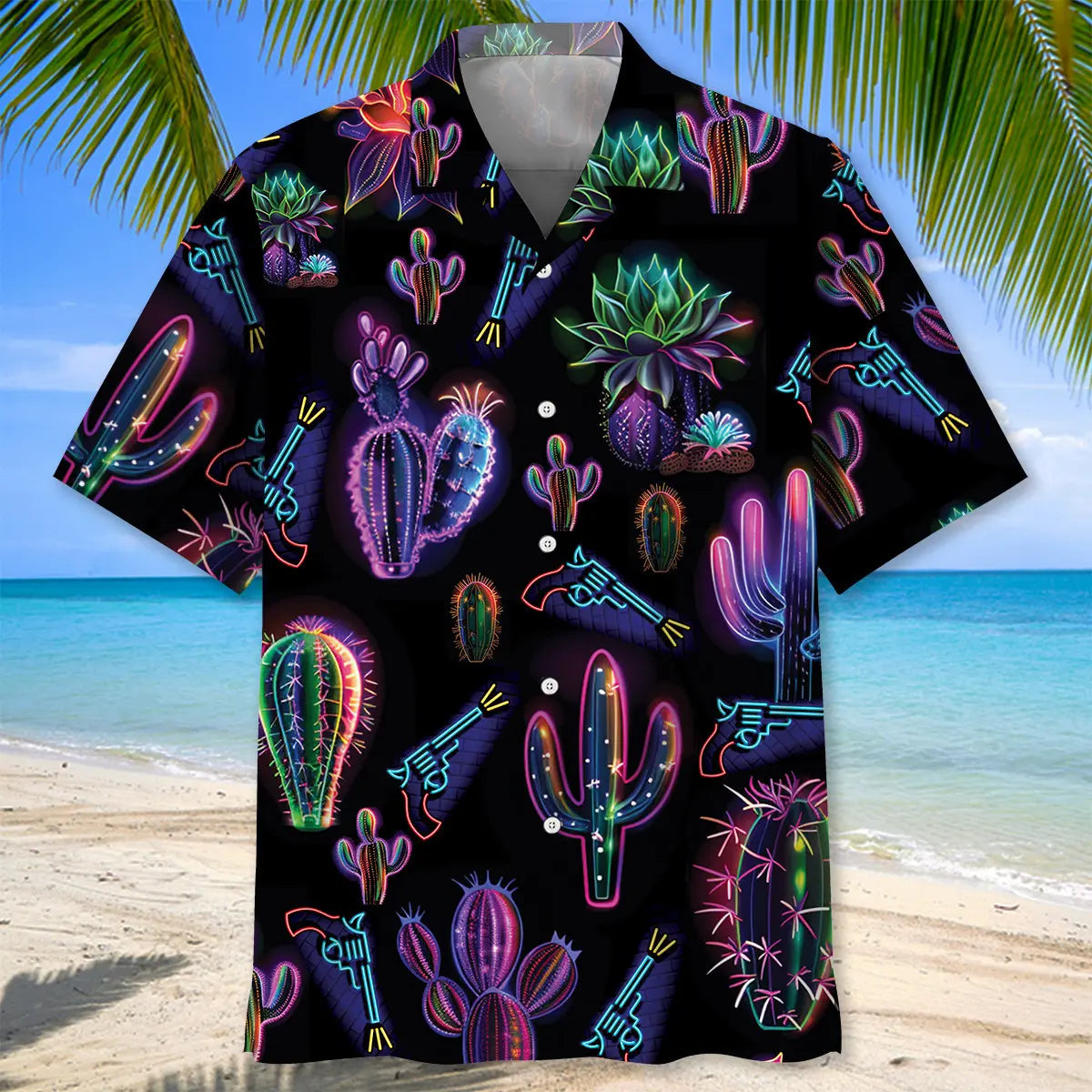 Neon Cactus Black Hawaiian Shirt For Relaxed Getaway, Casual Weekend, And Warm Weather Fashion