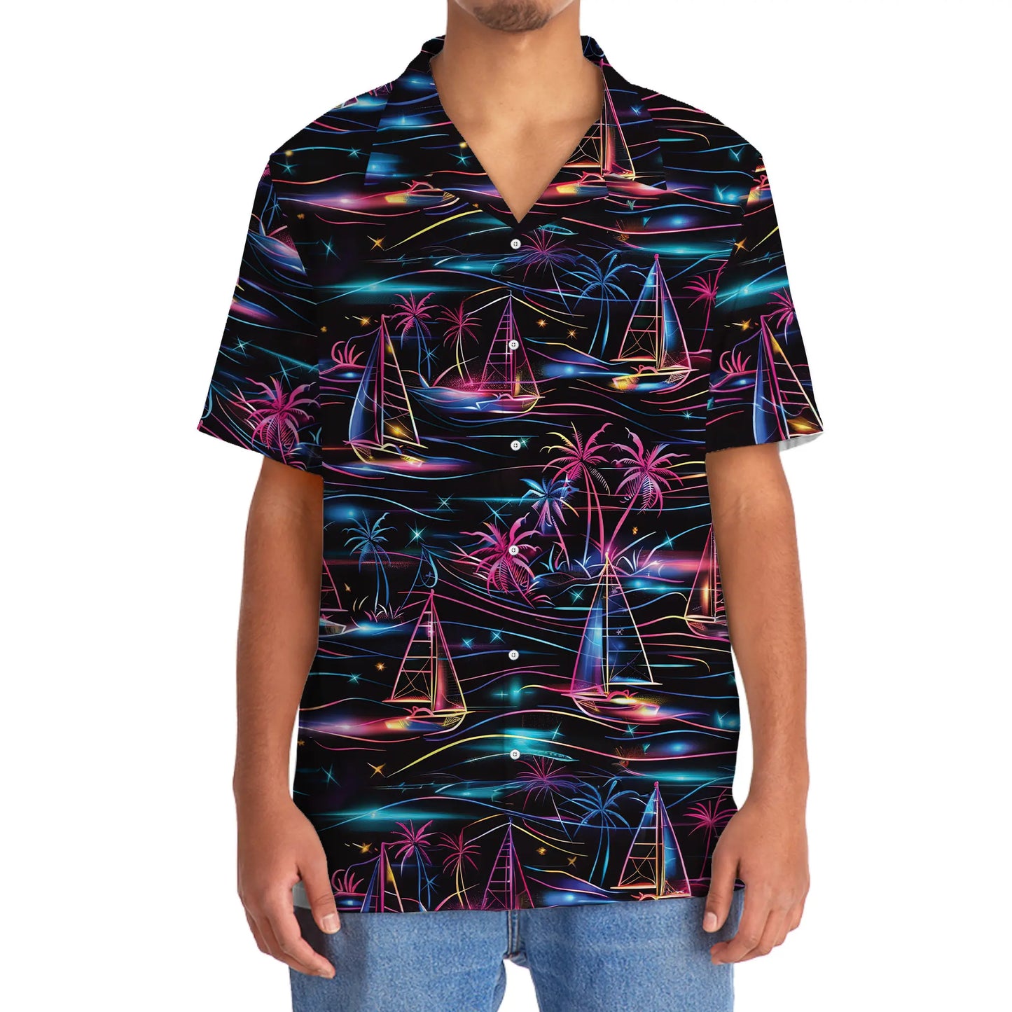 Neon Tropical Sailboat Hawaiian Shirt For Summer Vacation, Beach Travel, And Casual Wear