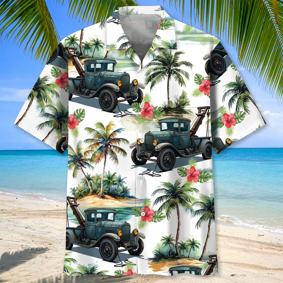 Old Tow Truck Hawaiian Shirt For Relaxed Getaway, Summer Road Trip, And Outdoor Comfort