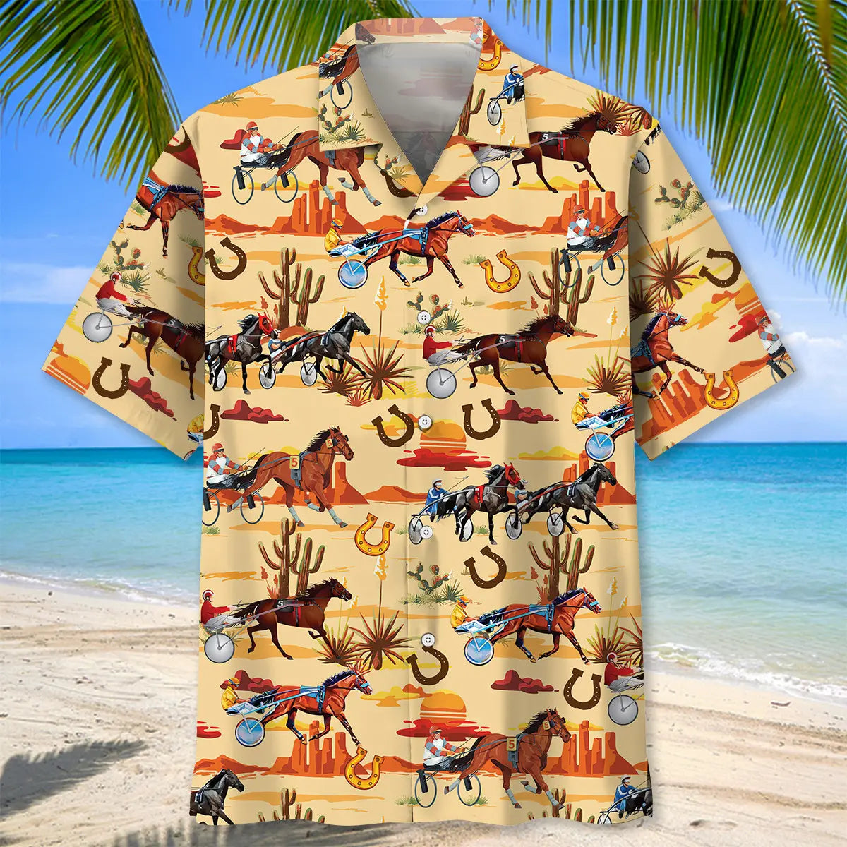 Orange Desert Horse Harness Racing Hawaiian Shirt For Motorsport Events, Beach Travel, And Thoughtful Gift Giving