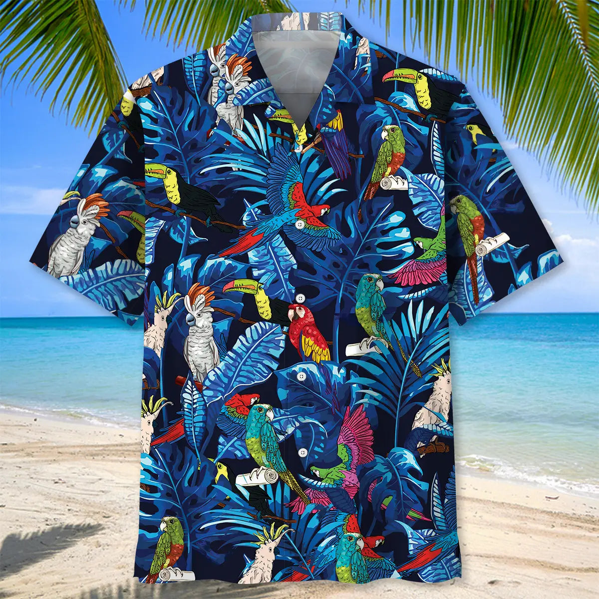 Tropical Parrot Blue Hawaiian Shirt For Tropical Holidays, Outdoor Gatherings, And Everyday Comfort