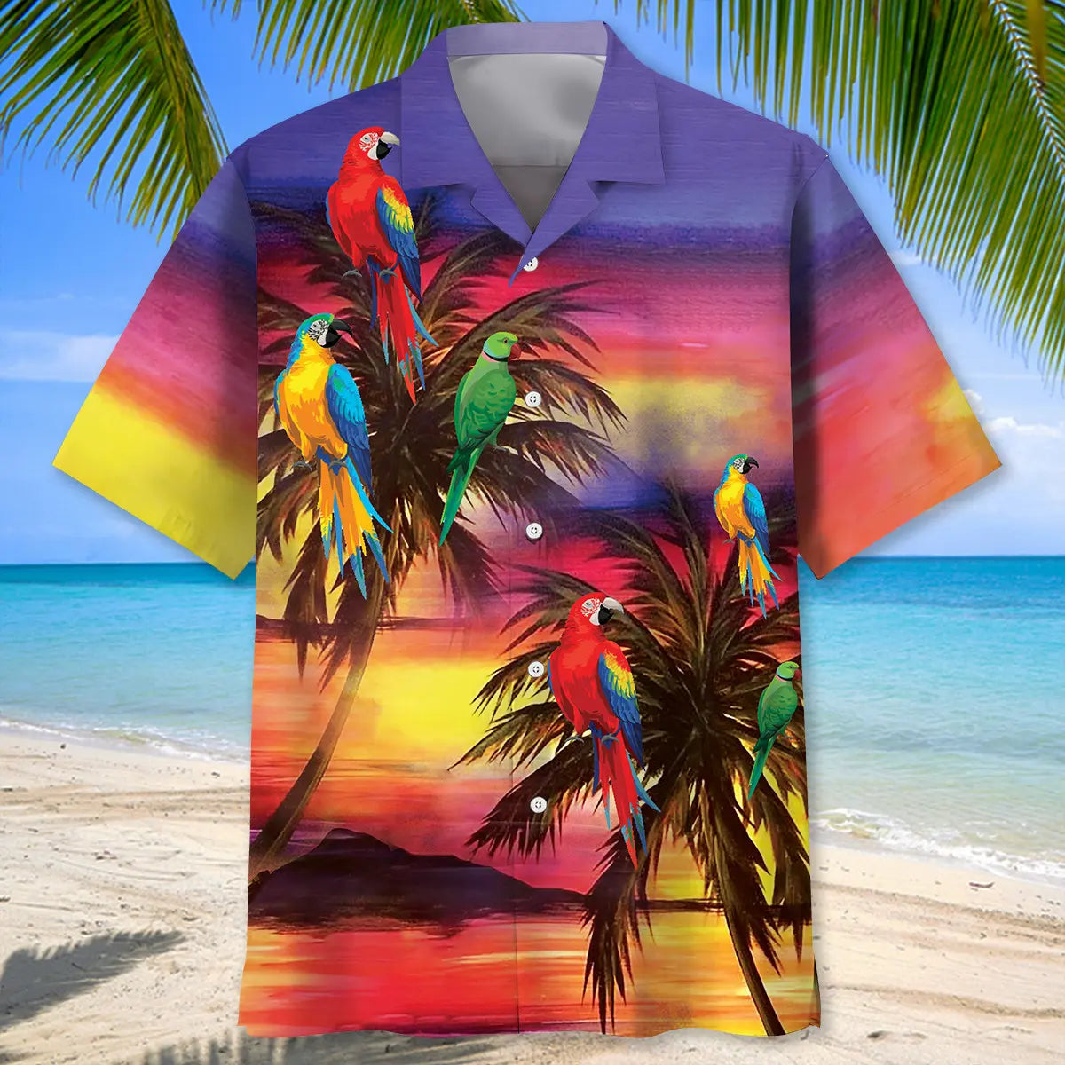 Parrot Sunset Beach Hawaiian Shirt For Coastal Getaways, Outdoor Gatherings, And Thoughtful Gift Giving