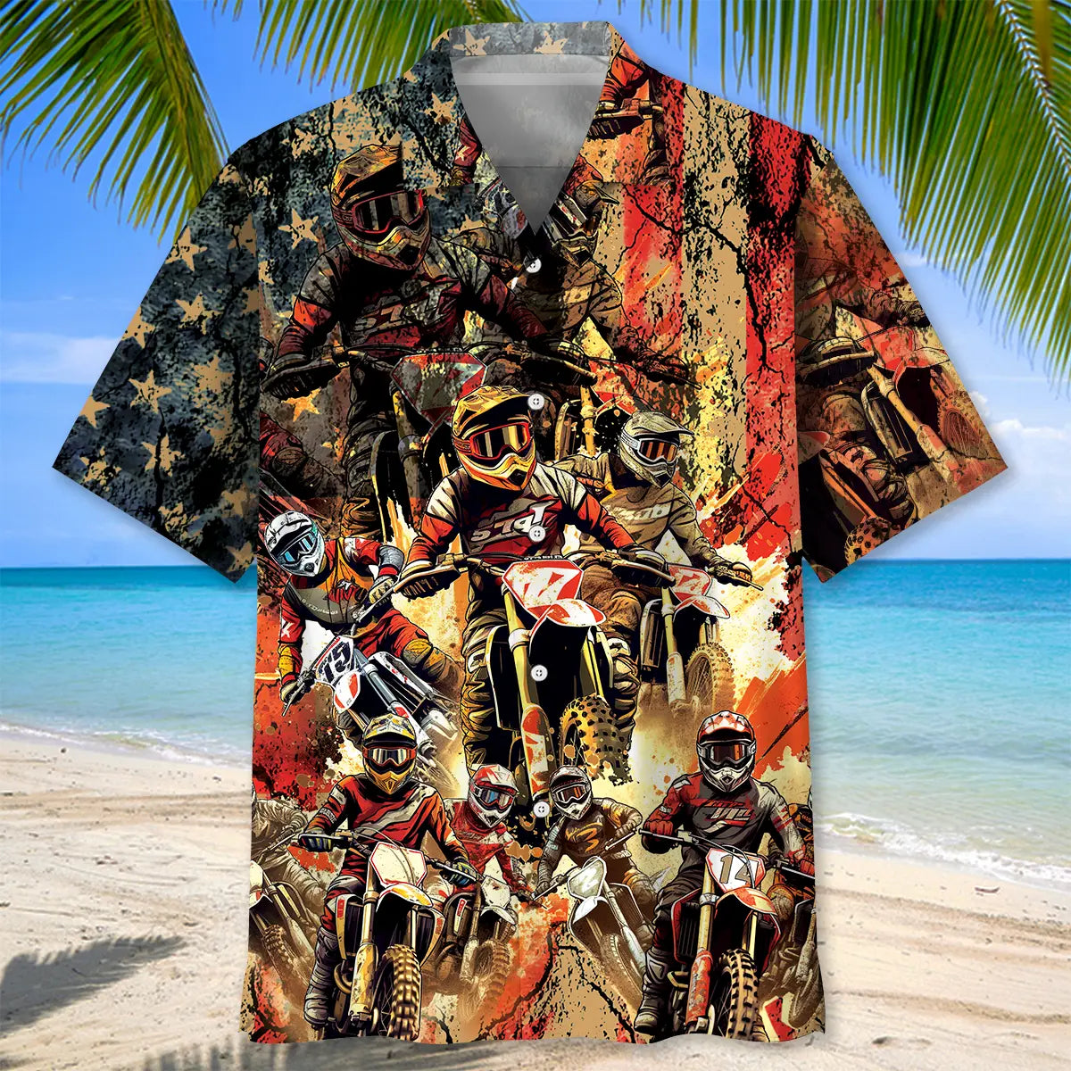 Patriotic Dirt Bike Racing Hawaiian Shirt For Island Vacations, Resort Wear, And Relaxed Seasonal Style