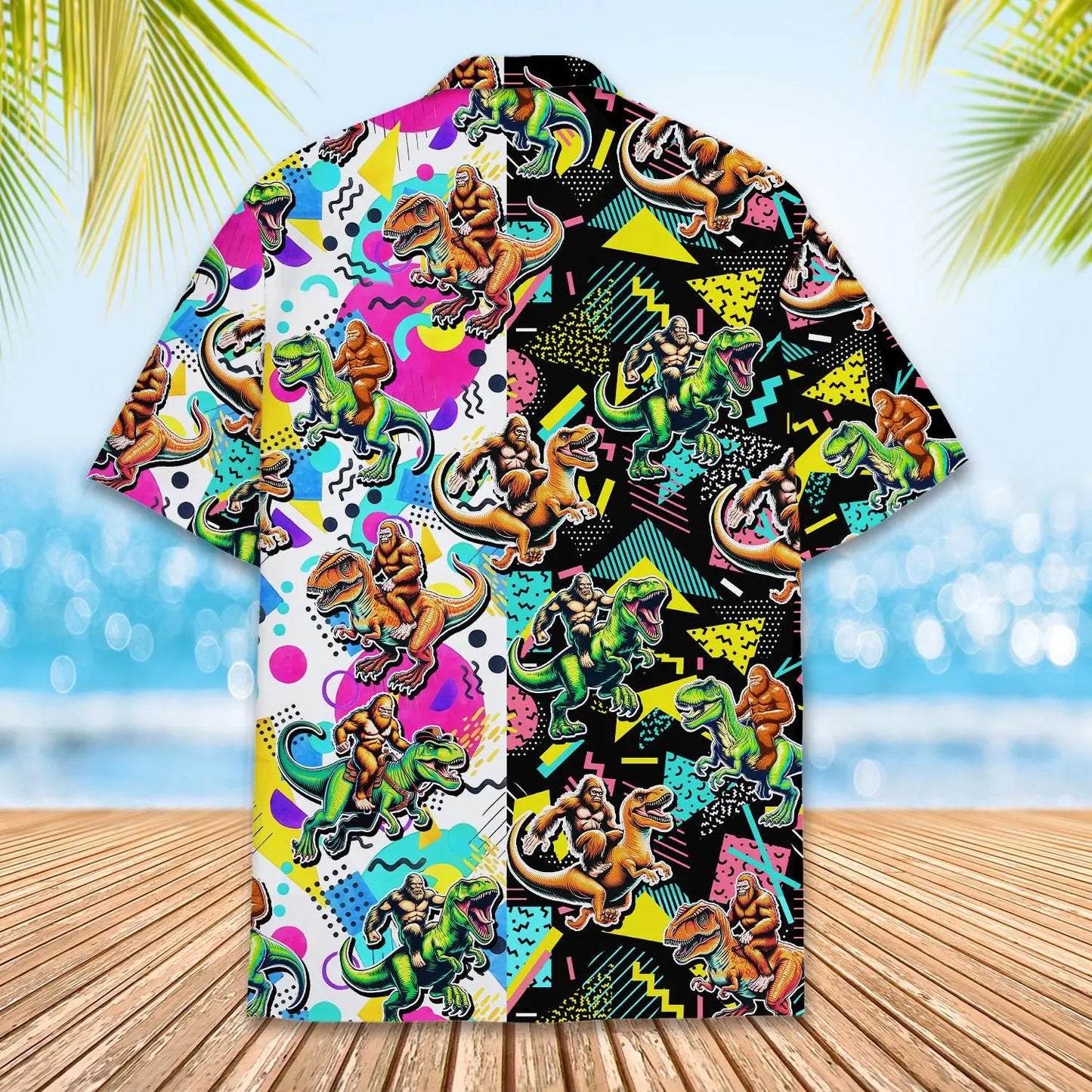 Retro Island Bigfoot Riding Dinosaur Aloha Hawaiian Shirt For Island Vacations, Resort Wear, And Relaxed Seasonal Style