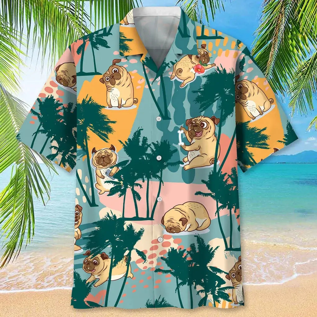 Colorful Pug Palm Tree Hawaiian Shirt For Coastal Travel, Casual Events, And Comfortable Summer Wear