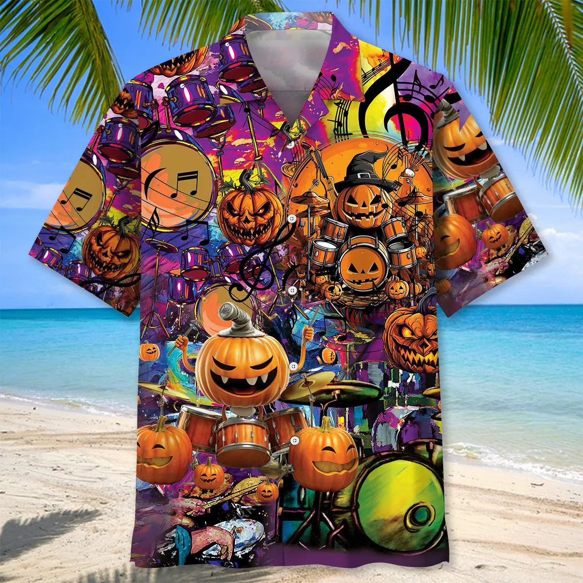 Halloween Pumpkin Drummer Hawaiian Shirt For Resort Trips, Coastal Parties, And Warm Weather Style