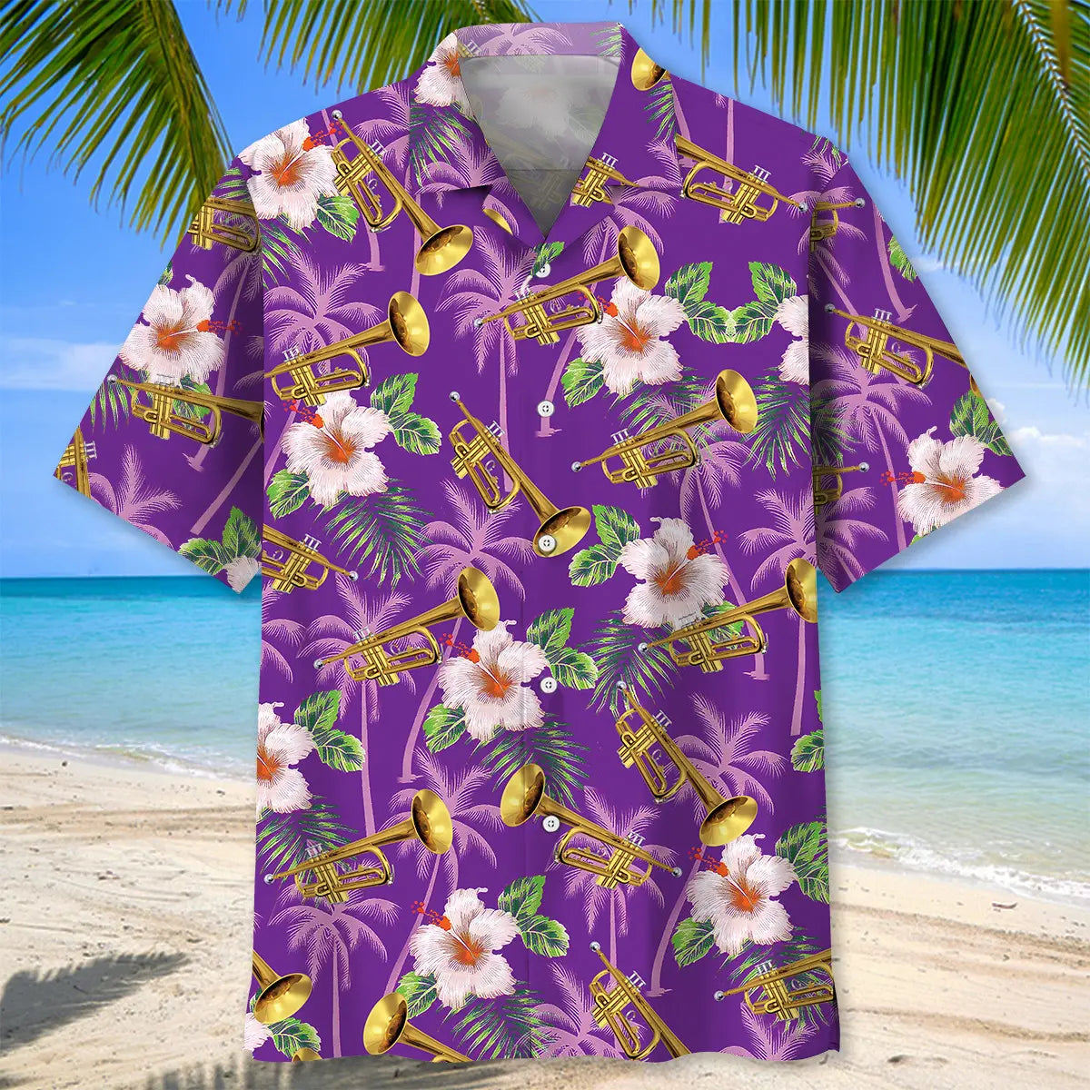 Purple Palm Tree Trumpet Hawaiian Shirt For Coastal Travel, Casual Events, And Comfortable Summer Wear
