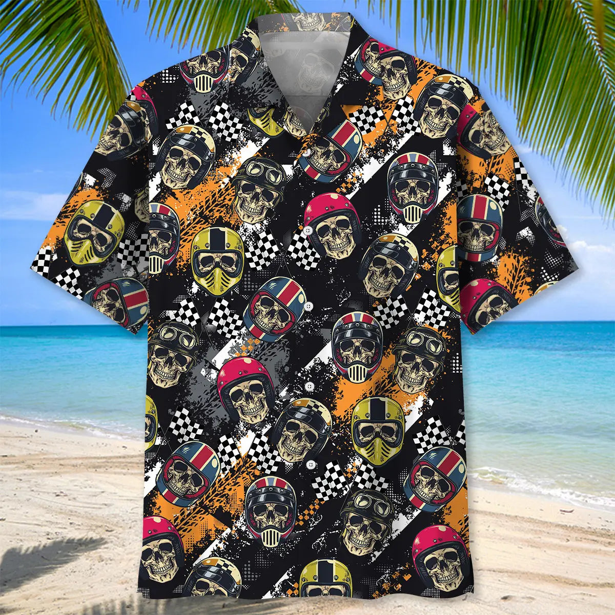 Racing Motorcycle Skull Hawaiian Shirt For Automotive Enthusiasts, Coastal Trips, And Casual Warm Weather Style