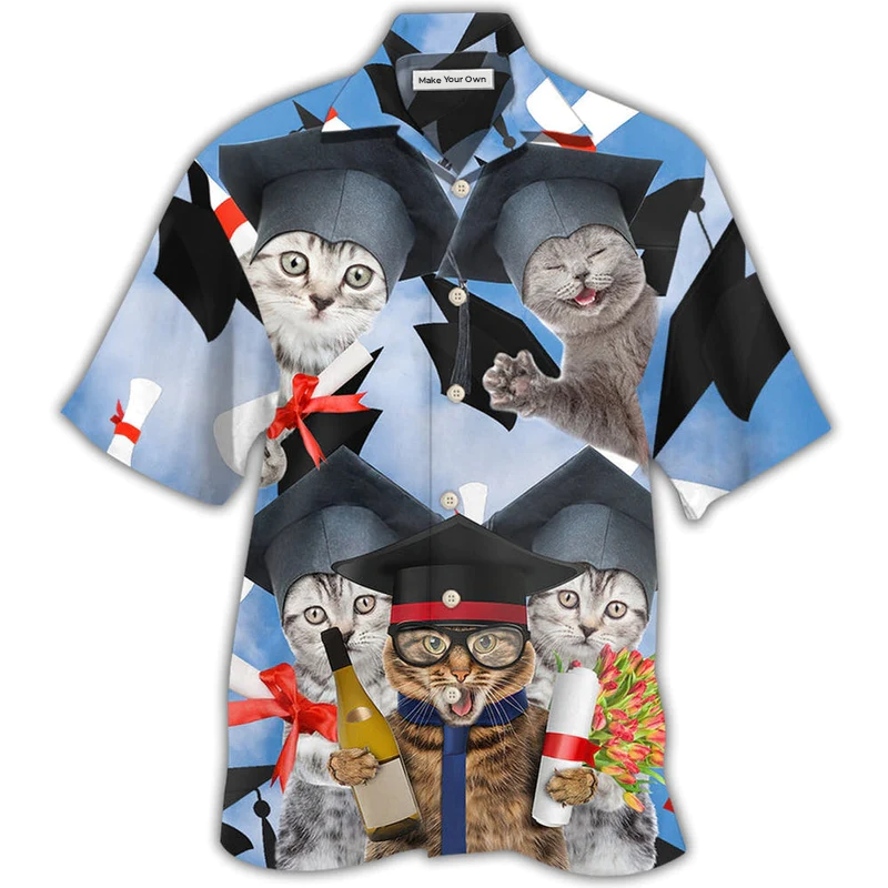 Cute Cat Graduation Hawaiian Shirt For Summer Events And Casual Outdoor Wear